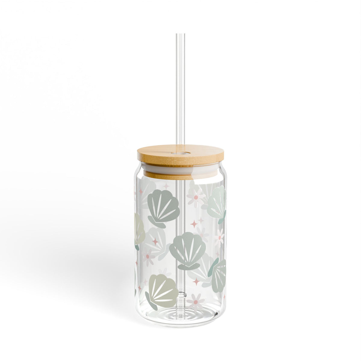 Floral & Seashell Mint Sipper Glass 16oz — Reusable Drink Jar with Lid & Straw