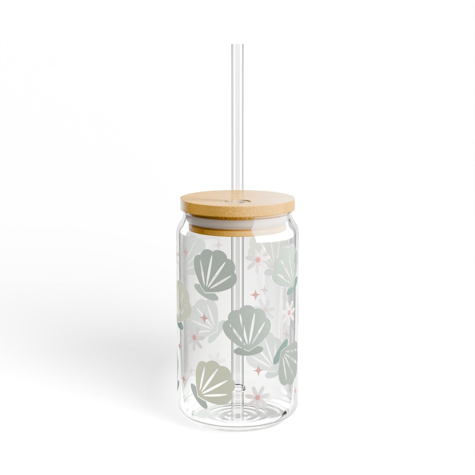 Floral & Seashell Mint Sipper Glass 16oz — Reusable Drink Jar with Lid & Straw