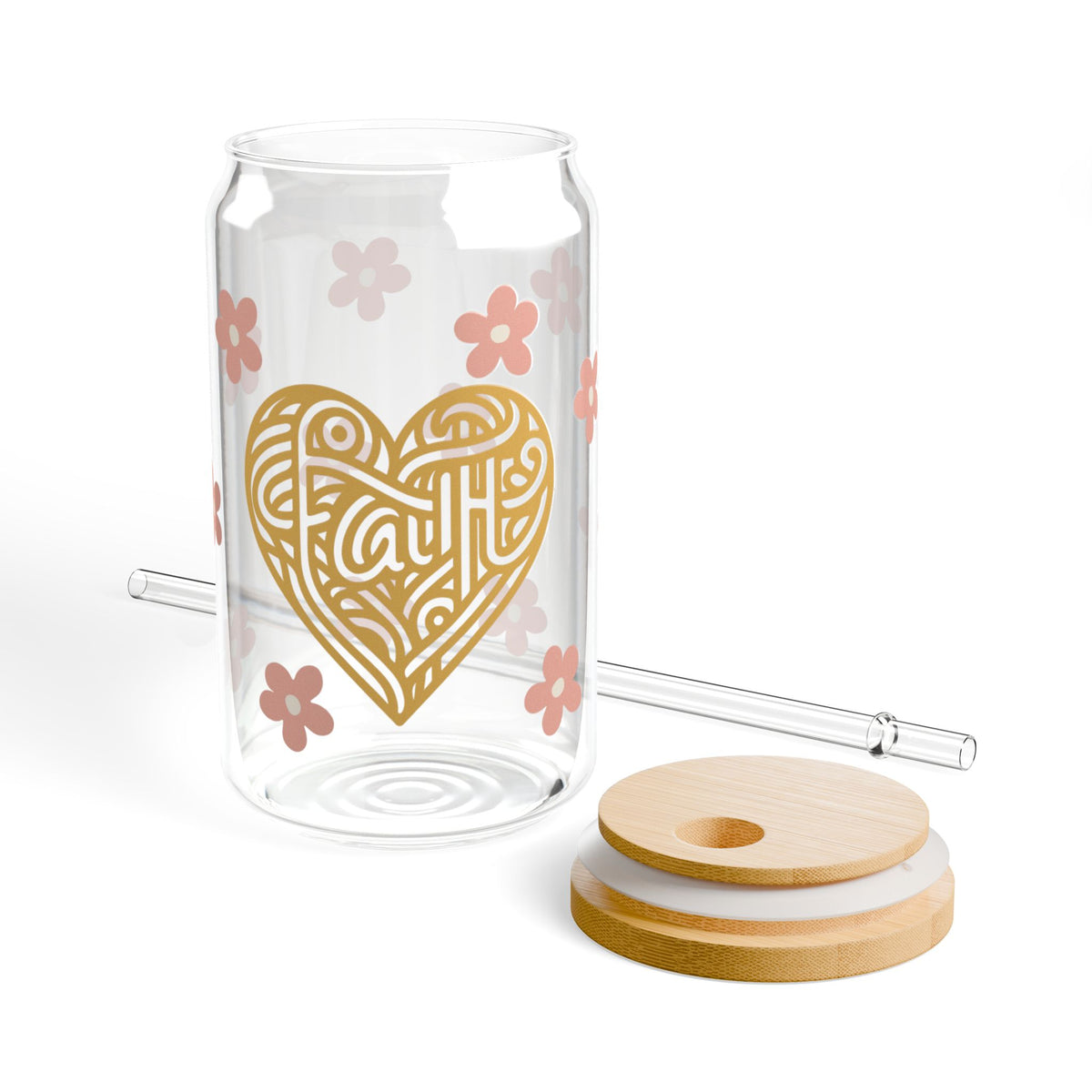 Faith Heart Floral Tumbler Sipper Glass 16oz — Reusable Drink Jar with Lid & Straw