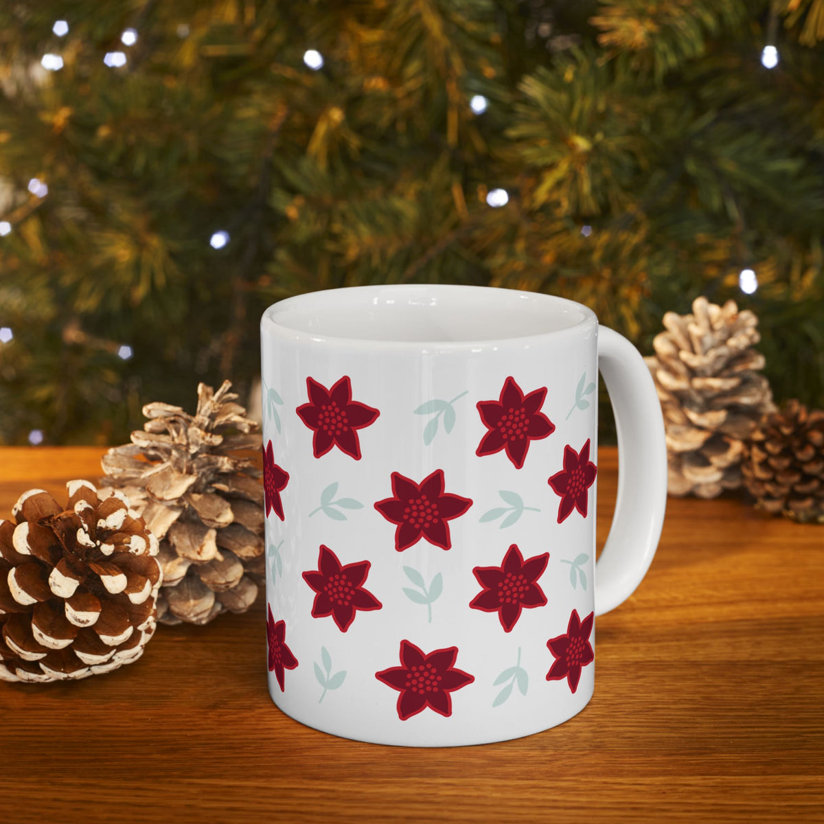 Poinsettia Christmas Flowers Ceramic Mug Coffee Cup (11oz & 15oz)