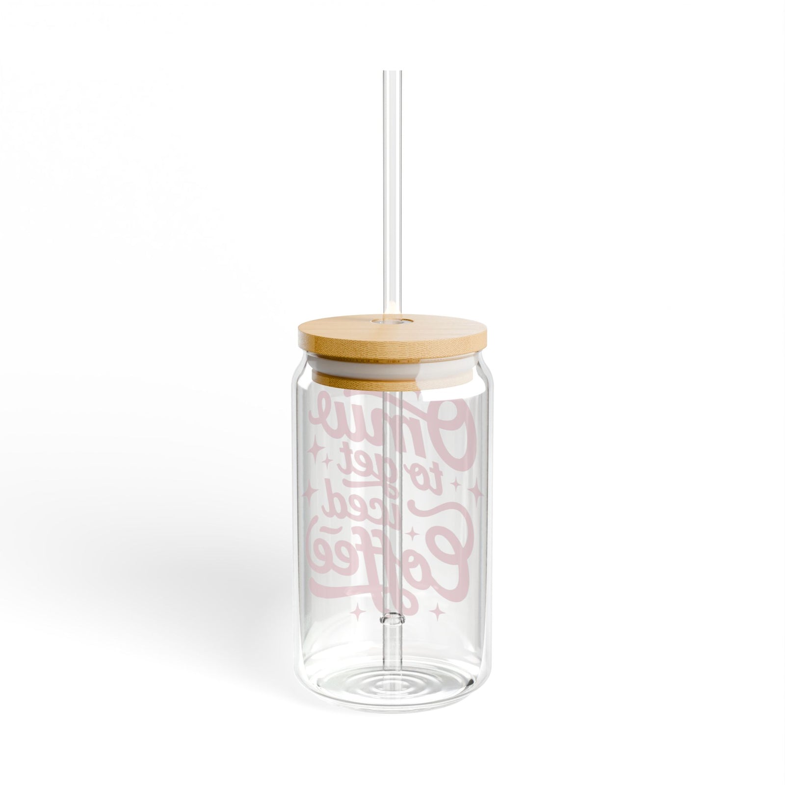 OMW to Get Iced Coffee Retro Pink Script Sipper Glass 16oz Reusable Drink Jar with Lid & Straw