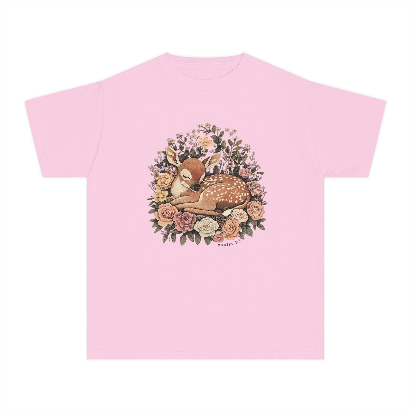 Sleeping Fawn Floral T-Shirt Psalm 23 Inspirational Kids Christian Tee