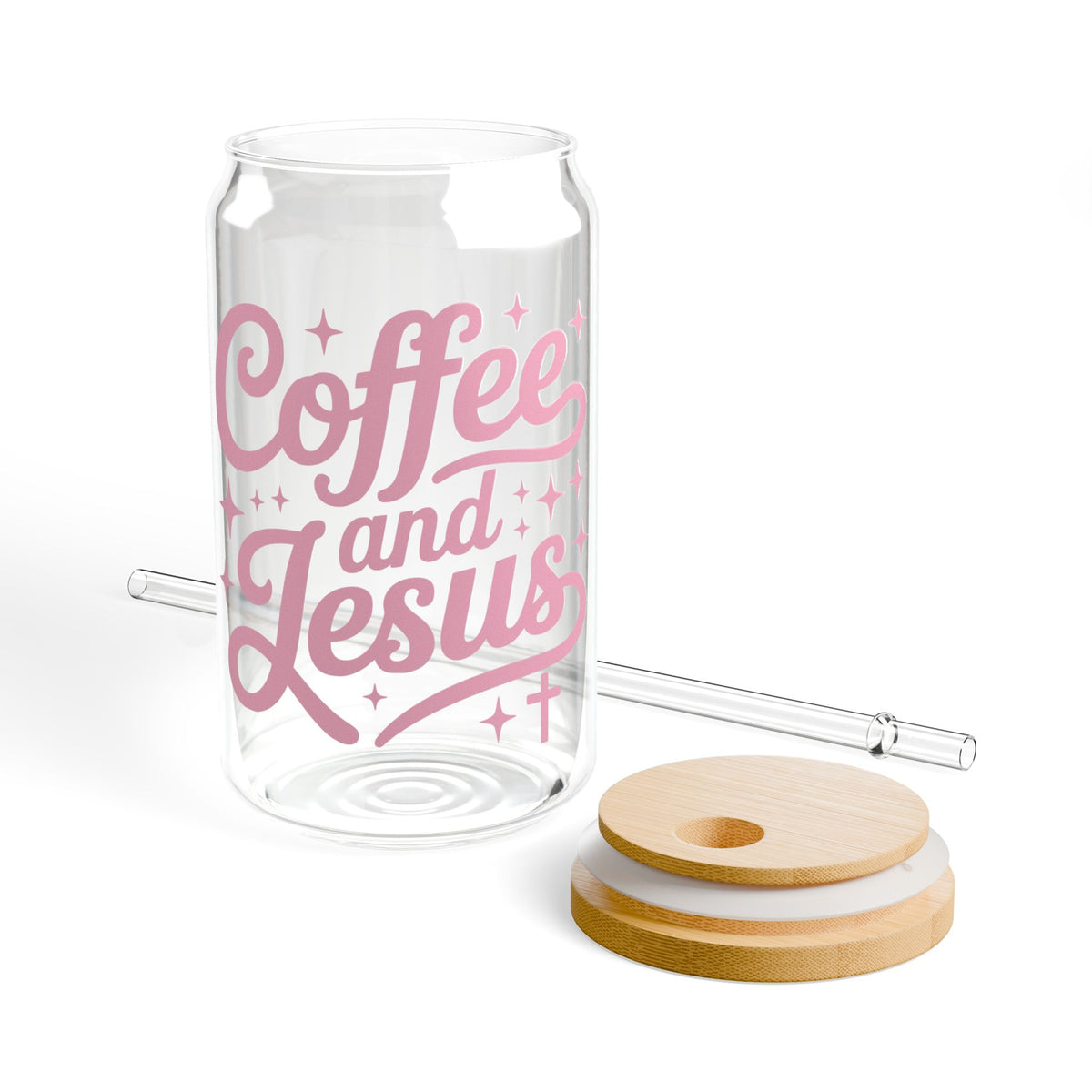 Coffee and Jesus Pink Script 16oz Sipper Glass Tumbler with Bamboo Lid & Straw - Sydney So Sweet