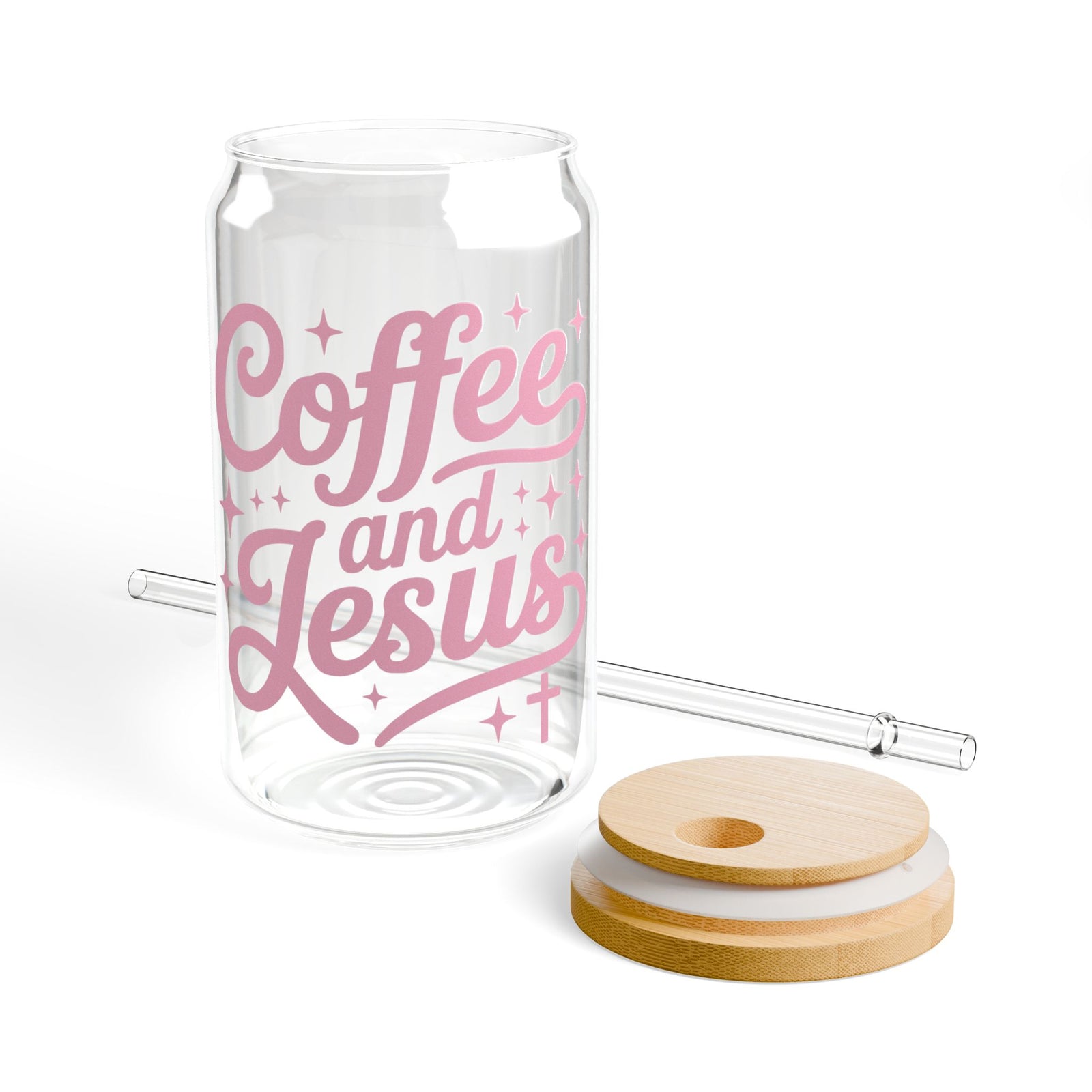 Coffee and Jesus Pink Script 16oz Sipper Glass Tumbler with Bamboo Lid & Straw - Sydney So Sweet