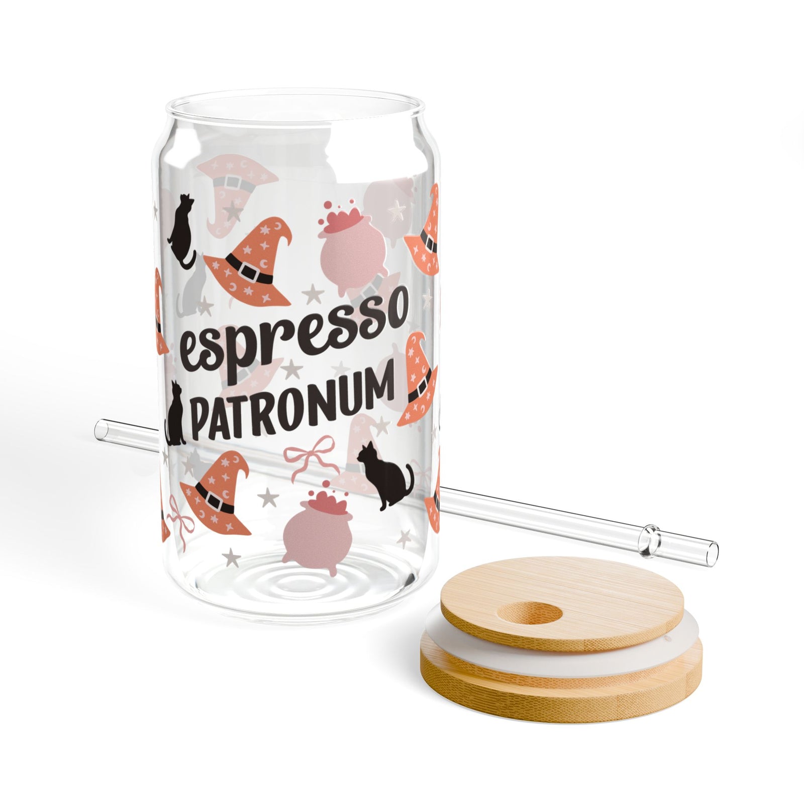 Espresso Patronum Halloween Brew Sipper Glass 16oz Reusable Drink Jar with Lid & Straw