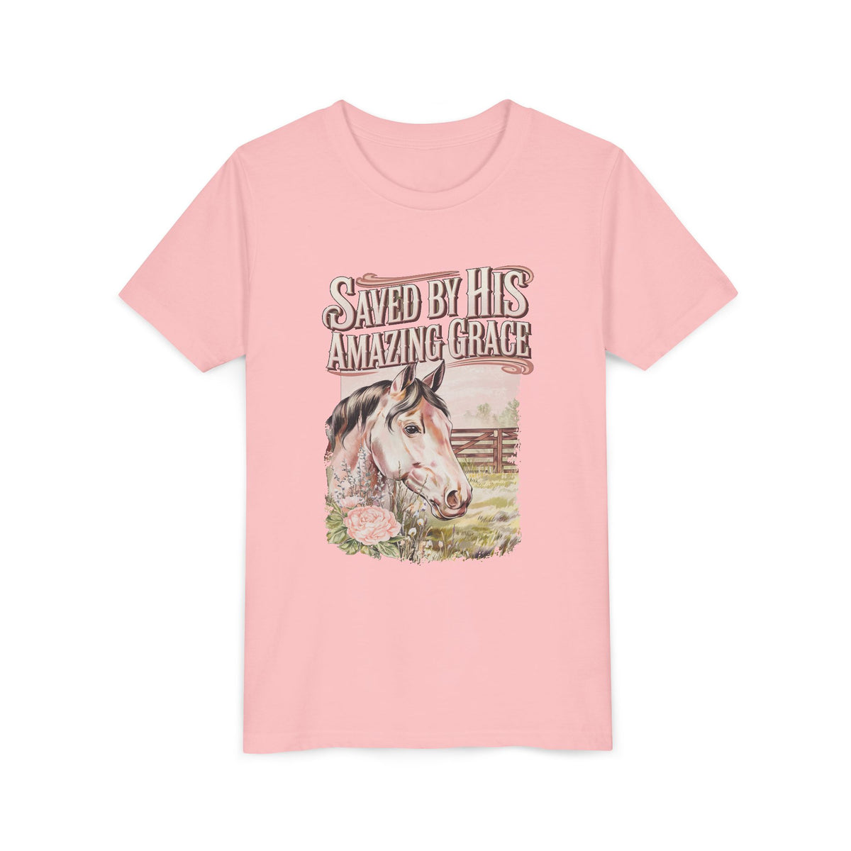 Youth Tee — "Saved By His Amazing Grace" Horse Graphic Christian Shirt
