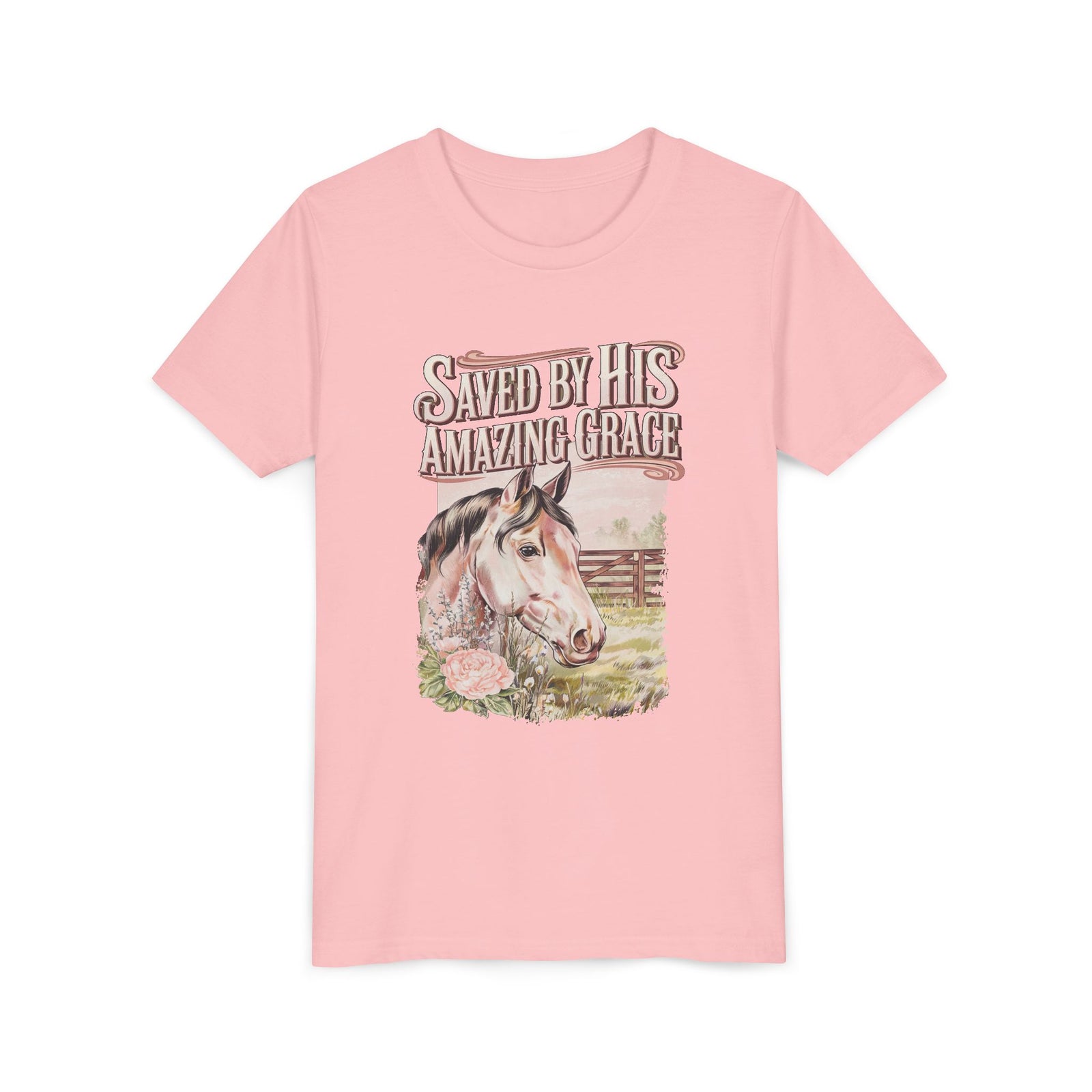 Youth Tee — "Saved By His Amazing Grace" Horse Graphic Christian Shirt