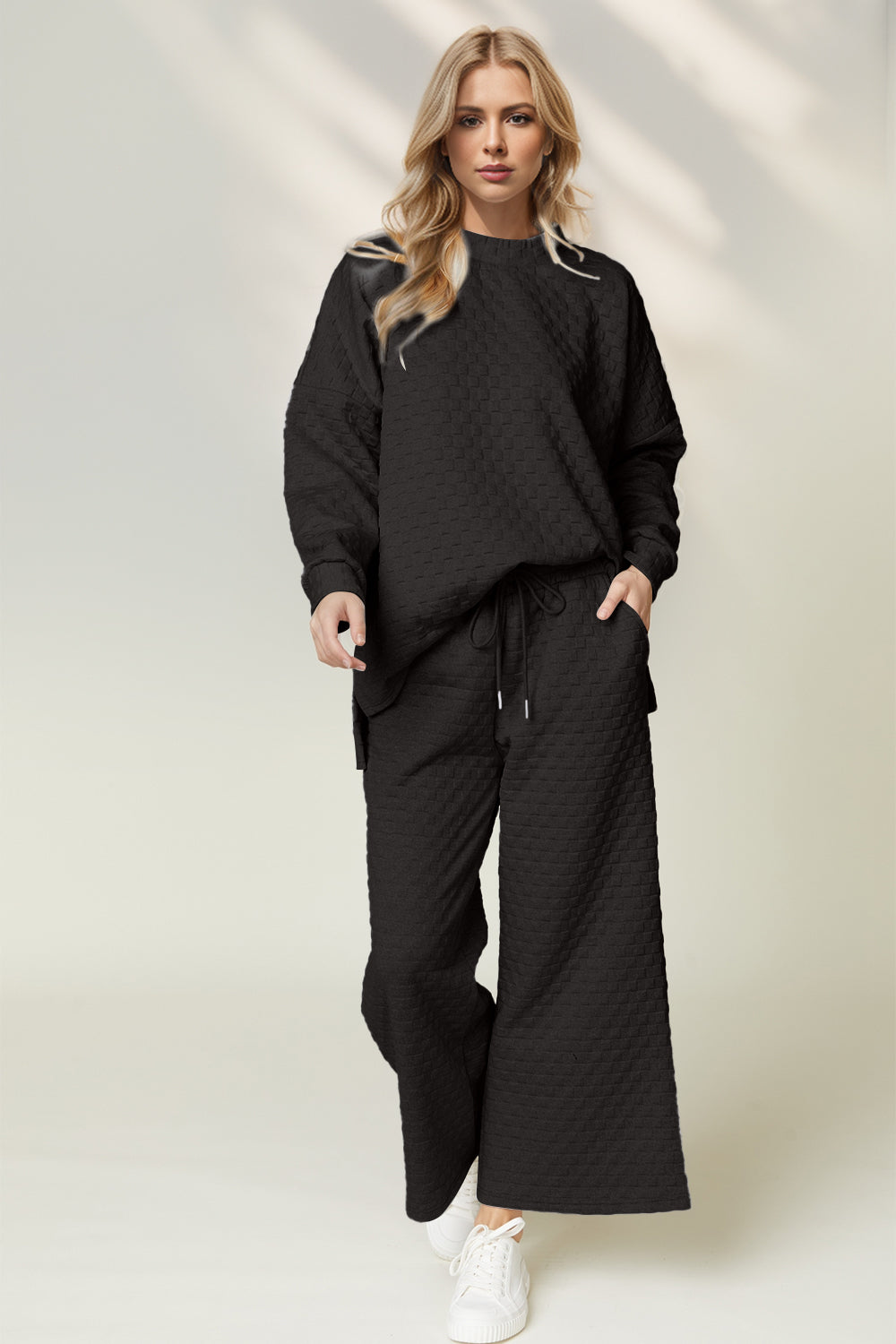 Double Take Checkered Slit High-Low Round Neck Top and Wide Leg Pants Set - Sydney So Sweet