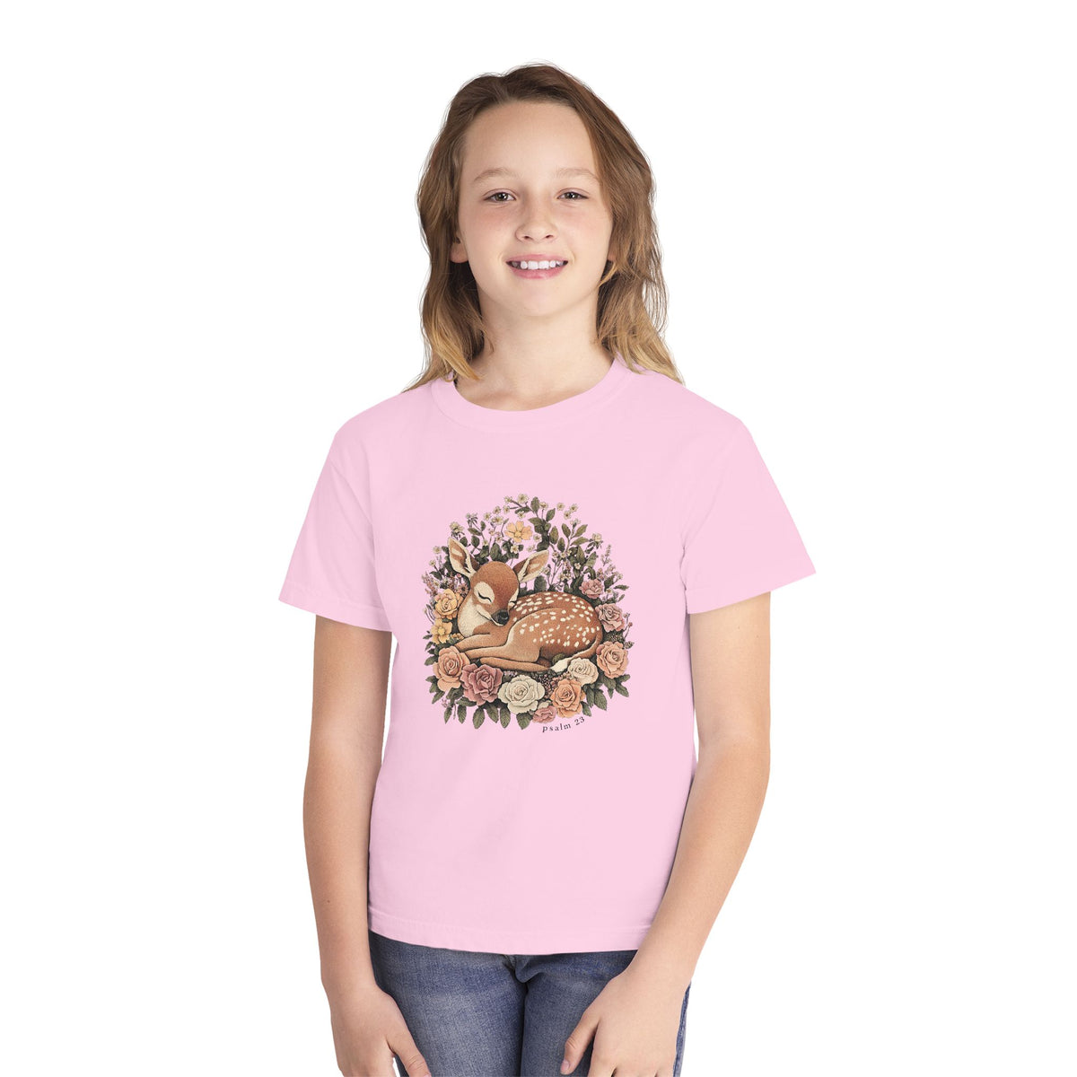 Sleeping Fawn Floral T-Shirt Psalm 23 Inspirational Kids Christian Tee