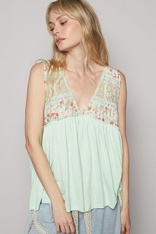 POL Lace Detail Frill Floral V-Neck Sleeveless Top - Sydney So Sweet