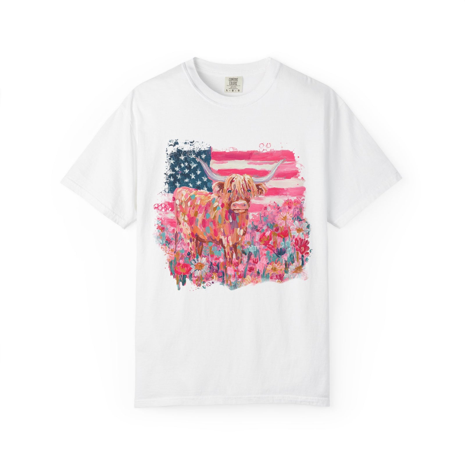 Patriotic Floral Highland Cow T-Shirt Watercolor Graphic Tee
