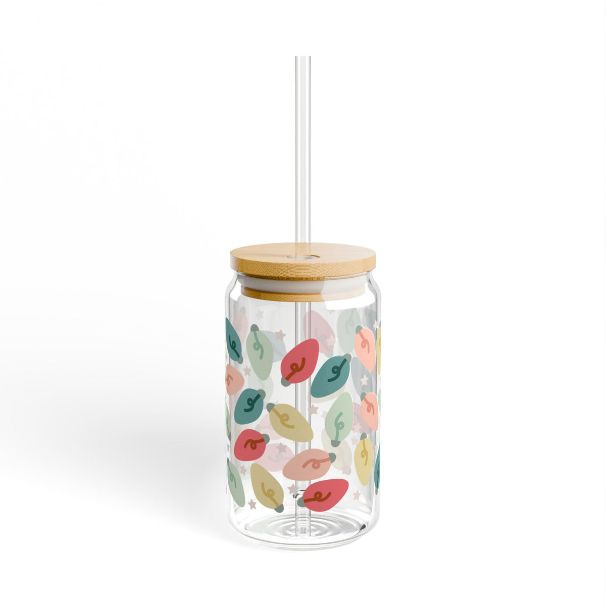 Bright Christmas Lights Sipper Glass 16oz Reusable Drink Jar with Lid & Straw
