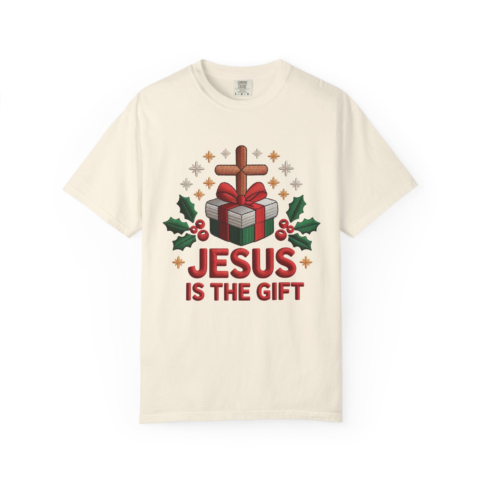Jesus is the Gift Faux Embroidery Tee Christmas Holiday Graphic T-Shirt