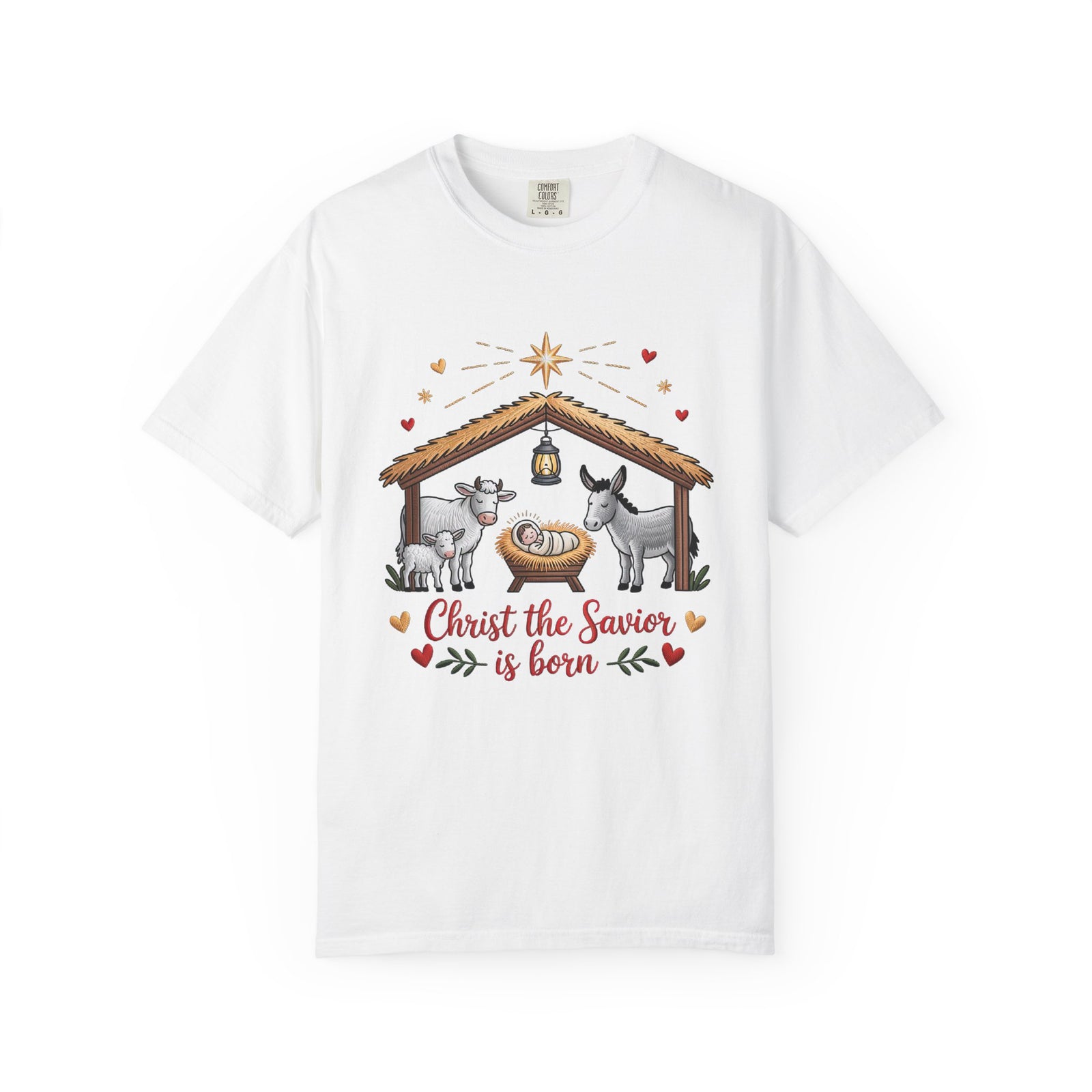 Christ the Savior is Born Faux Embroidery T-Shirt Nativity Scene Graphic Tee