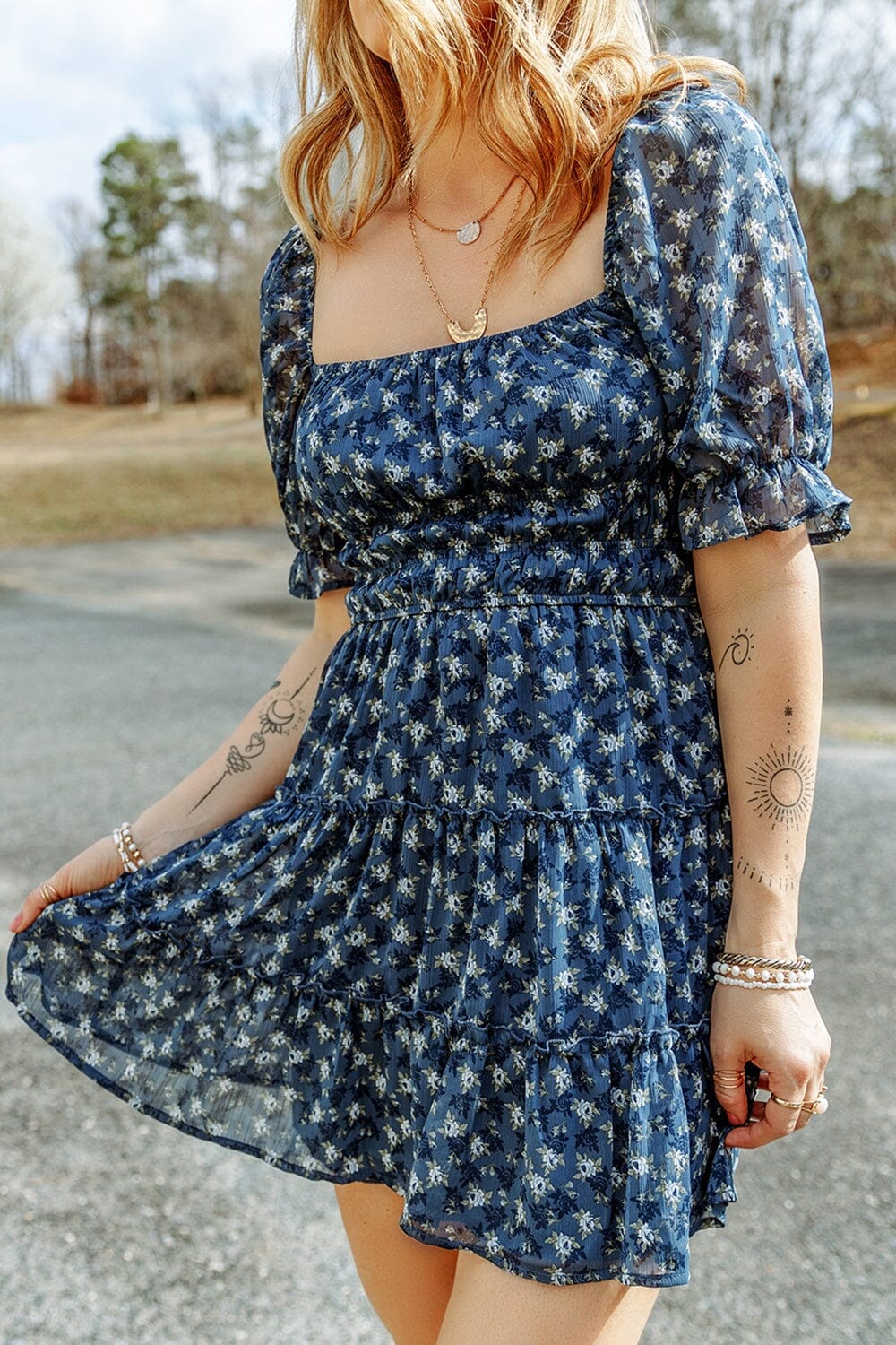 Printed Square Neck Short Sleeve Dress - Sydney So Sweet