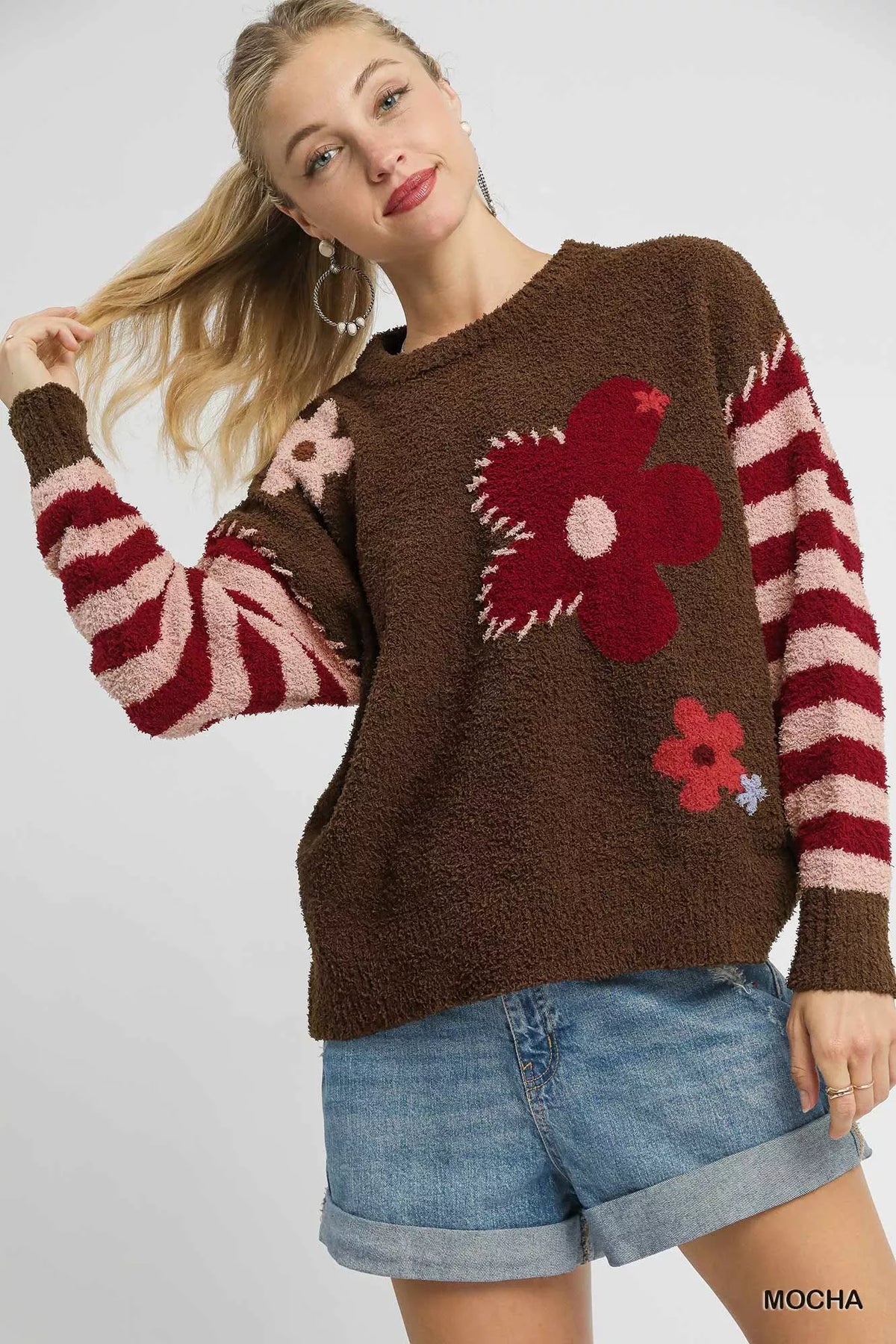 Umgee Flower Jacquard Striped Long Sleeve Sweater - Sydney So Sweet