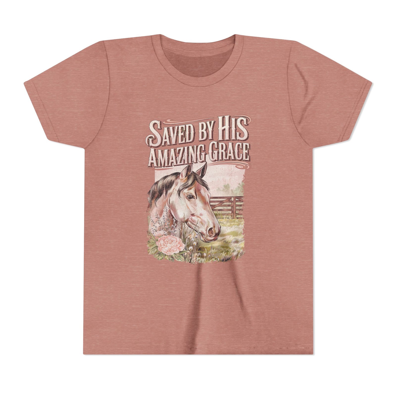 Youth Tee — "Saved By His Amazing Grace" Horse Graphic Christian Shirt