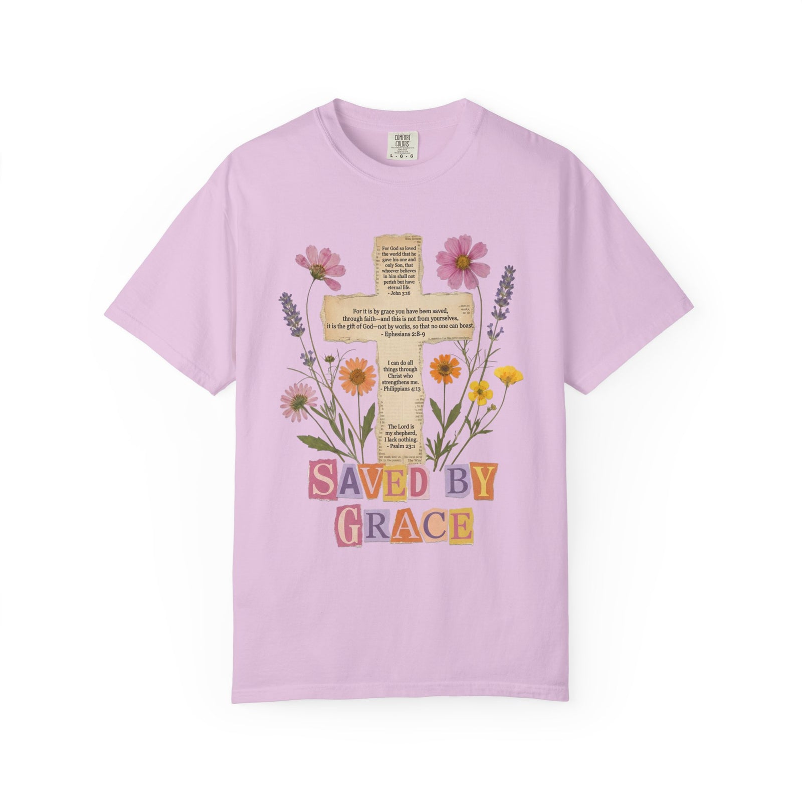 Saved by Grace Floral Cross T-Shirt Christian Faith Inspirational Graphic Tee