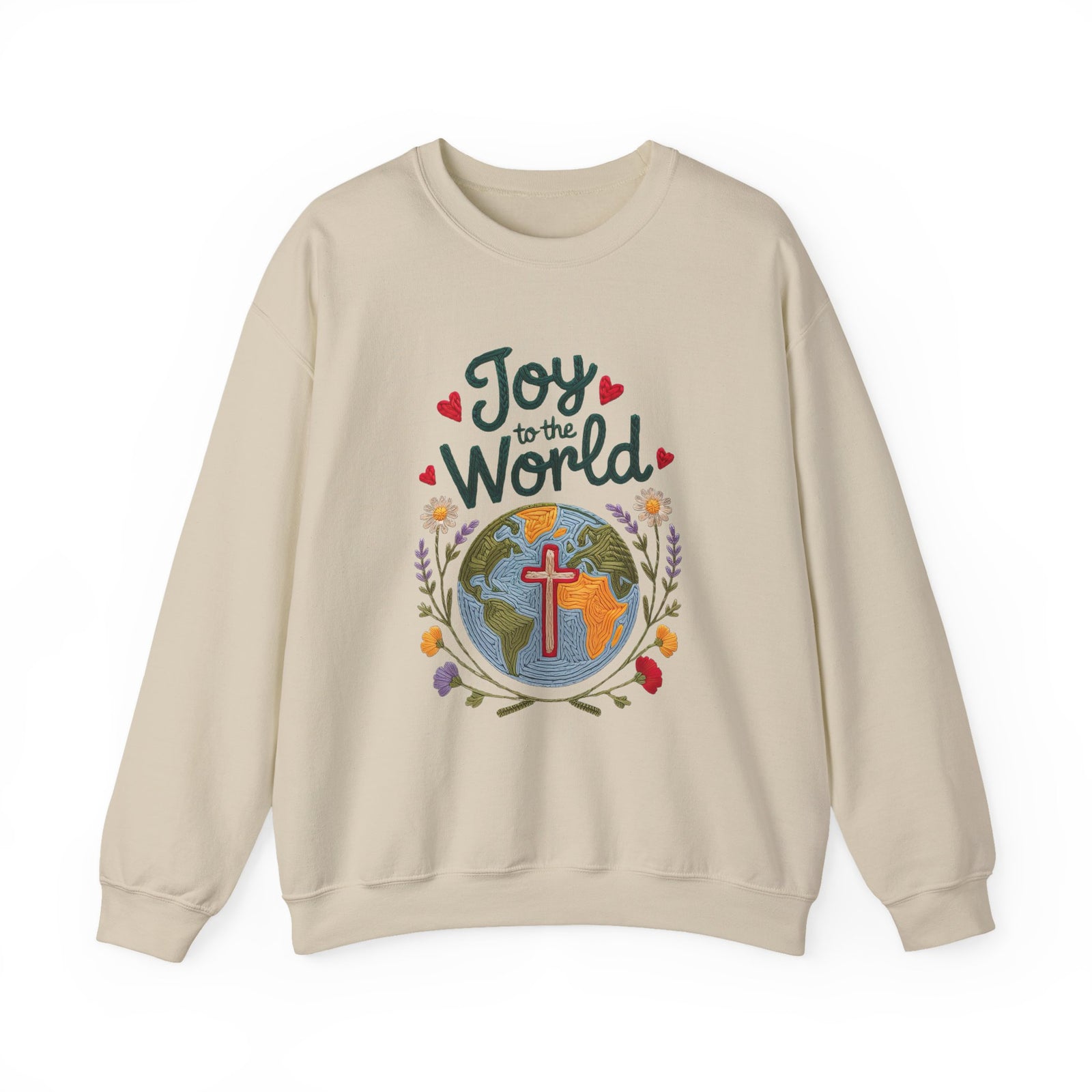 Joy to the World Faux Embroidery Christmas World & Cross Crewneck Unisex Sweatshirt