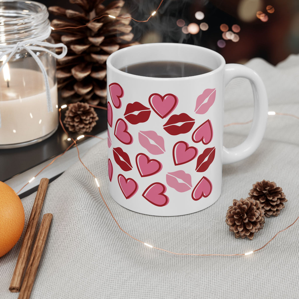 Kisses Lips & Hearts Mug — Cute Valentine’s Day Coffee Cup (11oz & 15oz)