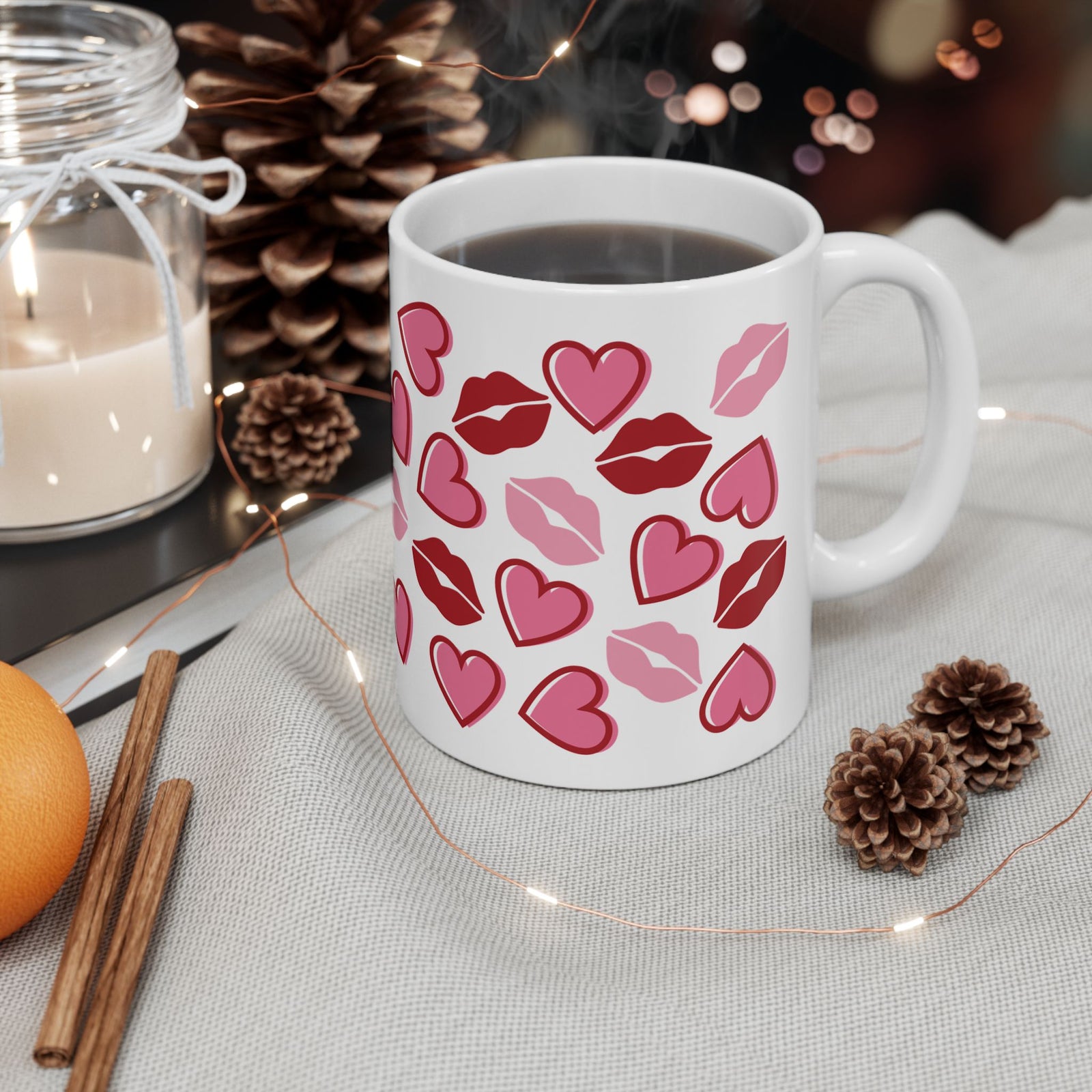 Kisses Lips & Hearts Mug — Cute Valentine’s Day Coffee Cup (11oz & 15oz)