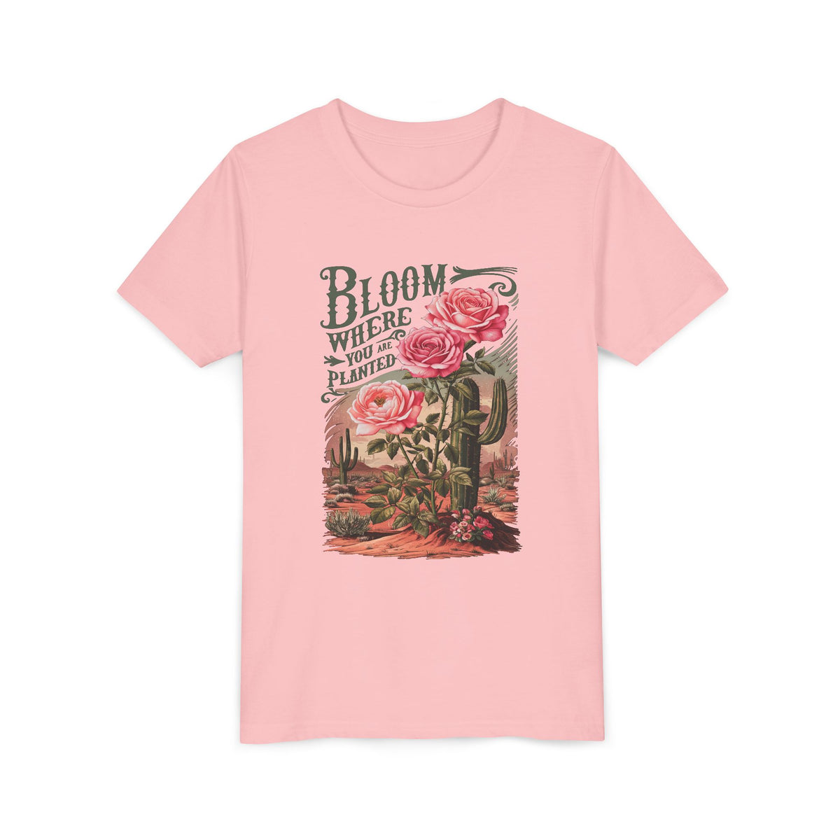 Bloom Where You are Planted Kids T-Shirt Western Rose Cactus Graphic Tee