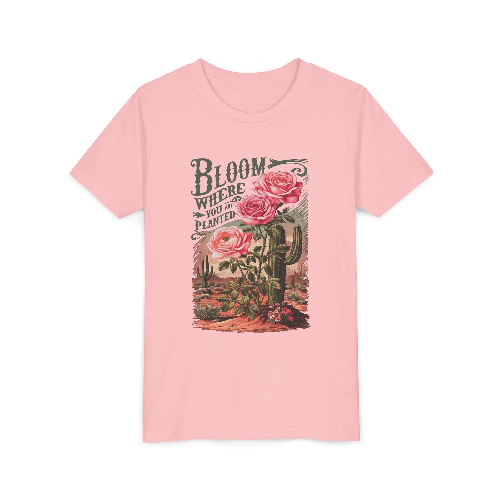 Bloom Where You are Planted Kids T-Shirt Western Rose Cactus Graphic Tee