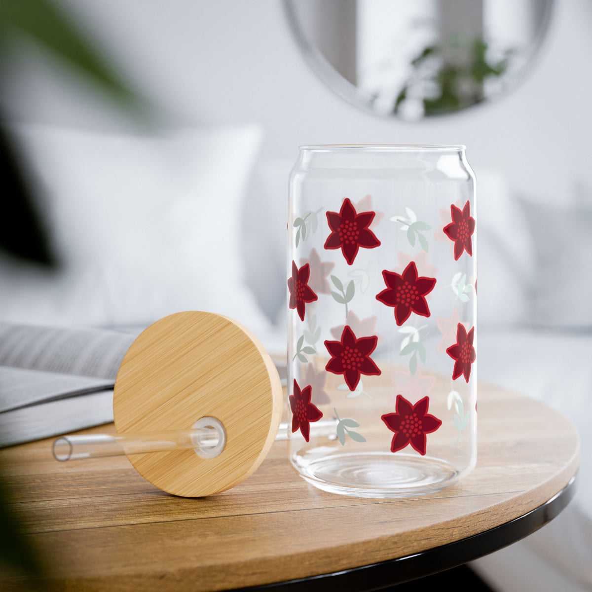 Poinsettia Christmas Flowers Sipper Glass 16oz Reusable Drink Jar with Lid & Straw