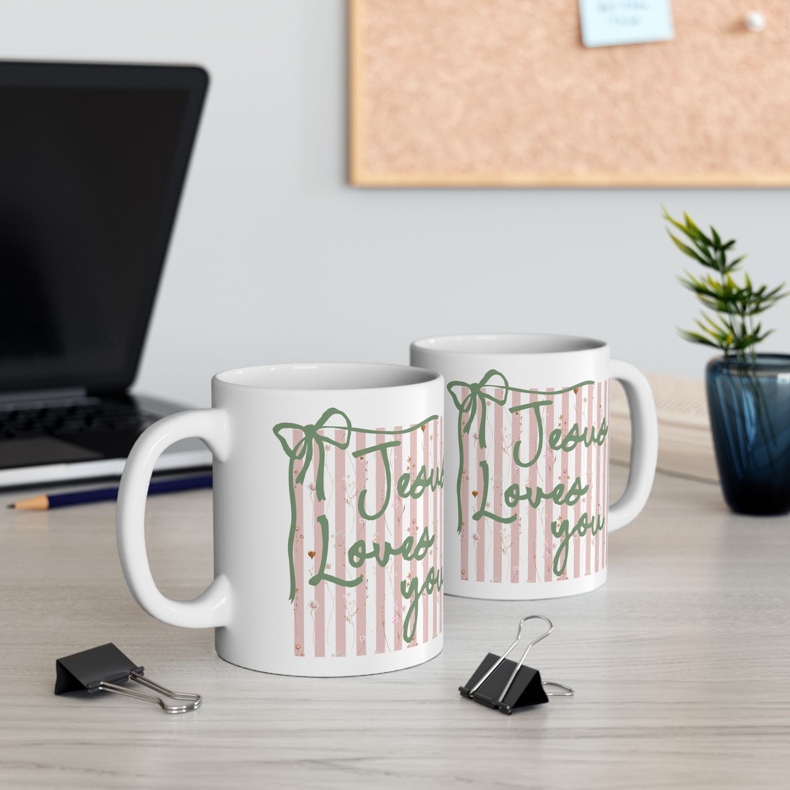 Jesus Loves You Pink Stripe Inspirational Ceramic Mug Coffee Cup (11oz & 15oz)