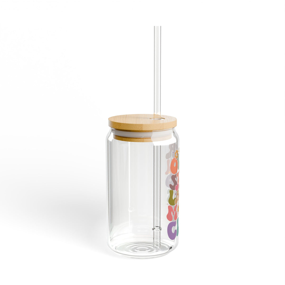 Overstimulated Moms Club Retro Sipper Glass 16oz Reusable Drink Jar with Lid & Straw