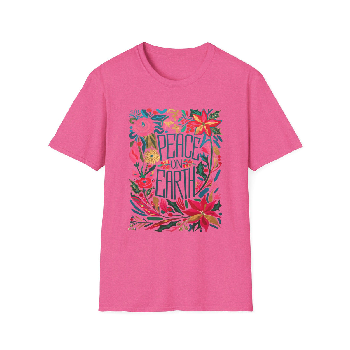 Peace on Earth Bright Christmas Florals Tee Graphic T-Shirt