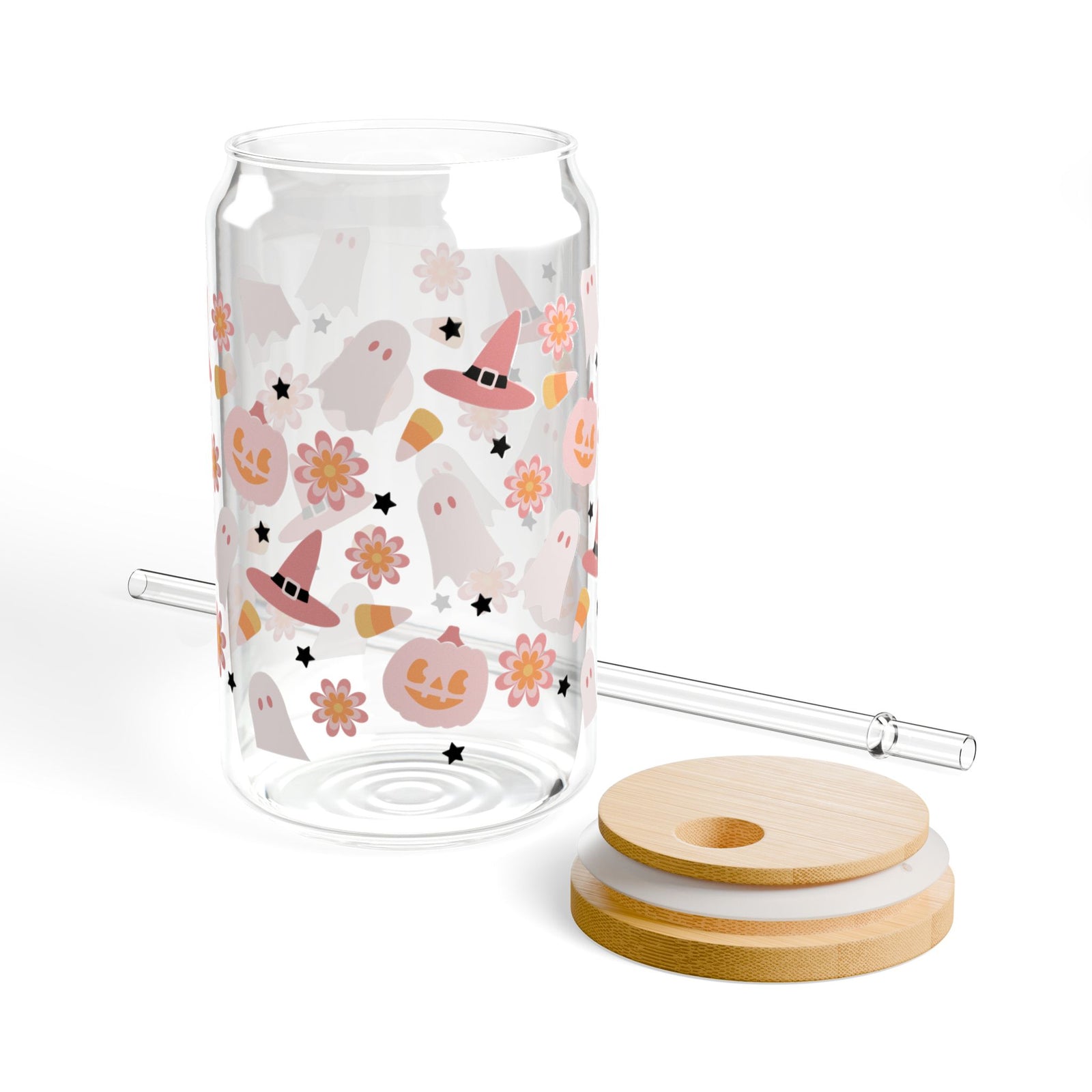 Spooky Season Halloween Sipper Glass 16oz Reusable Drink Jar with Lid & Straw