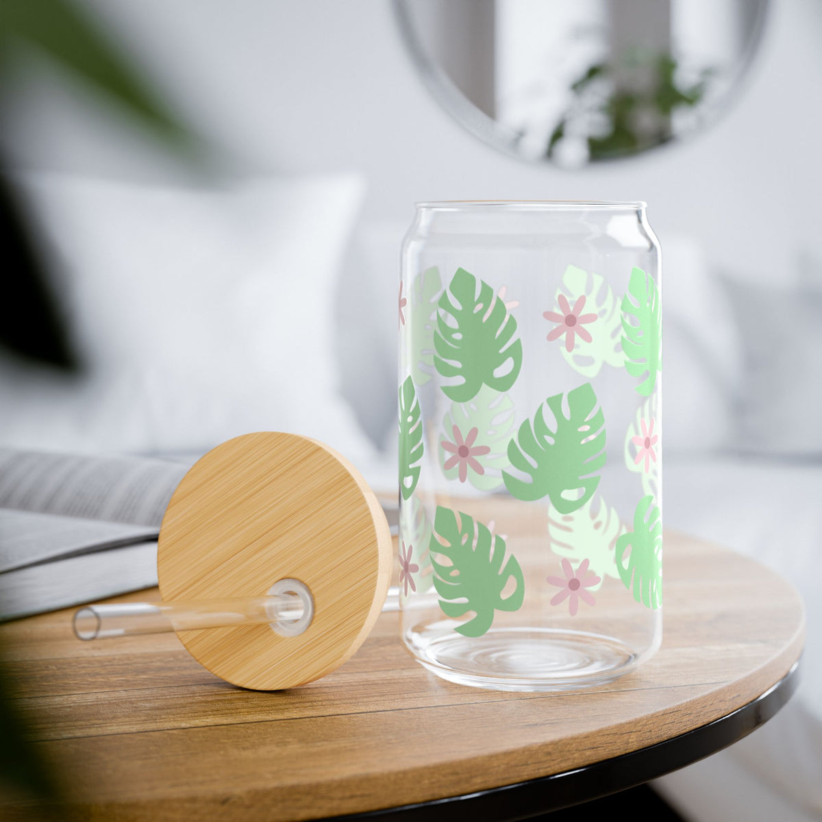 Monstera Plant Tumbler Sipper Glass 16oz — Reusable Drink Jar with Lid & Straw