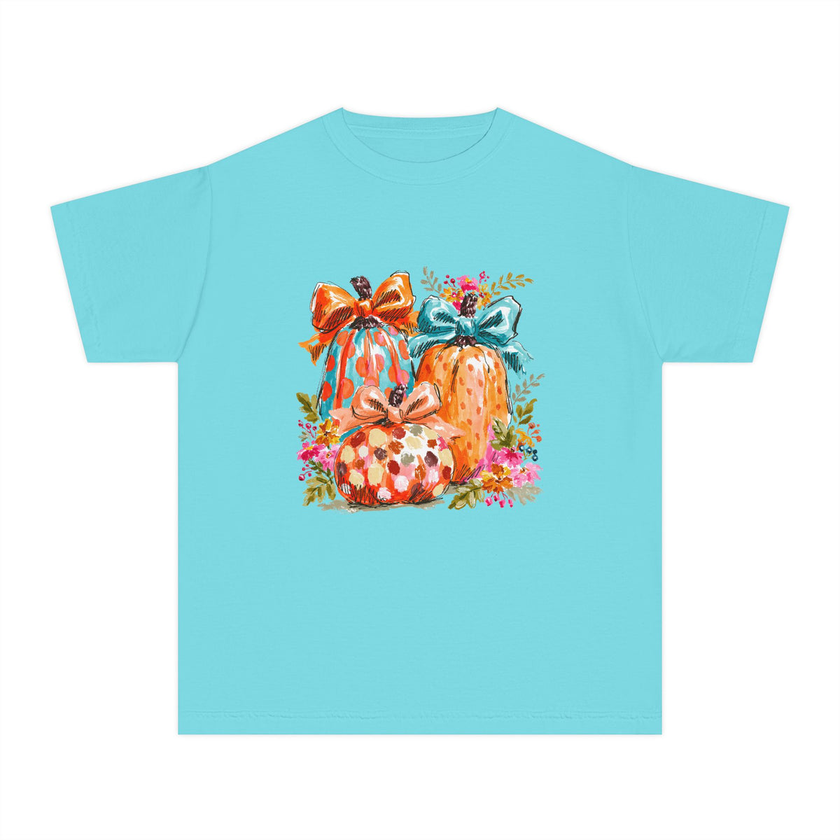 Floral Preppy Coquette Fall Pumpkin T-Shirt Cute Watercolor Kids Graphic Tee