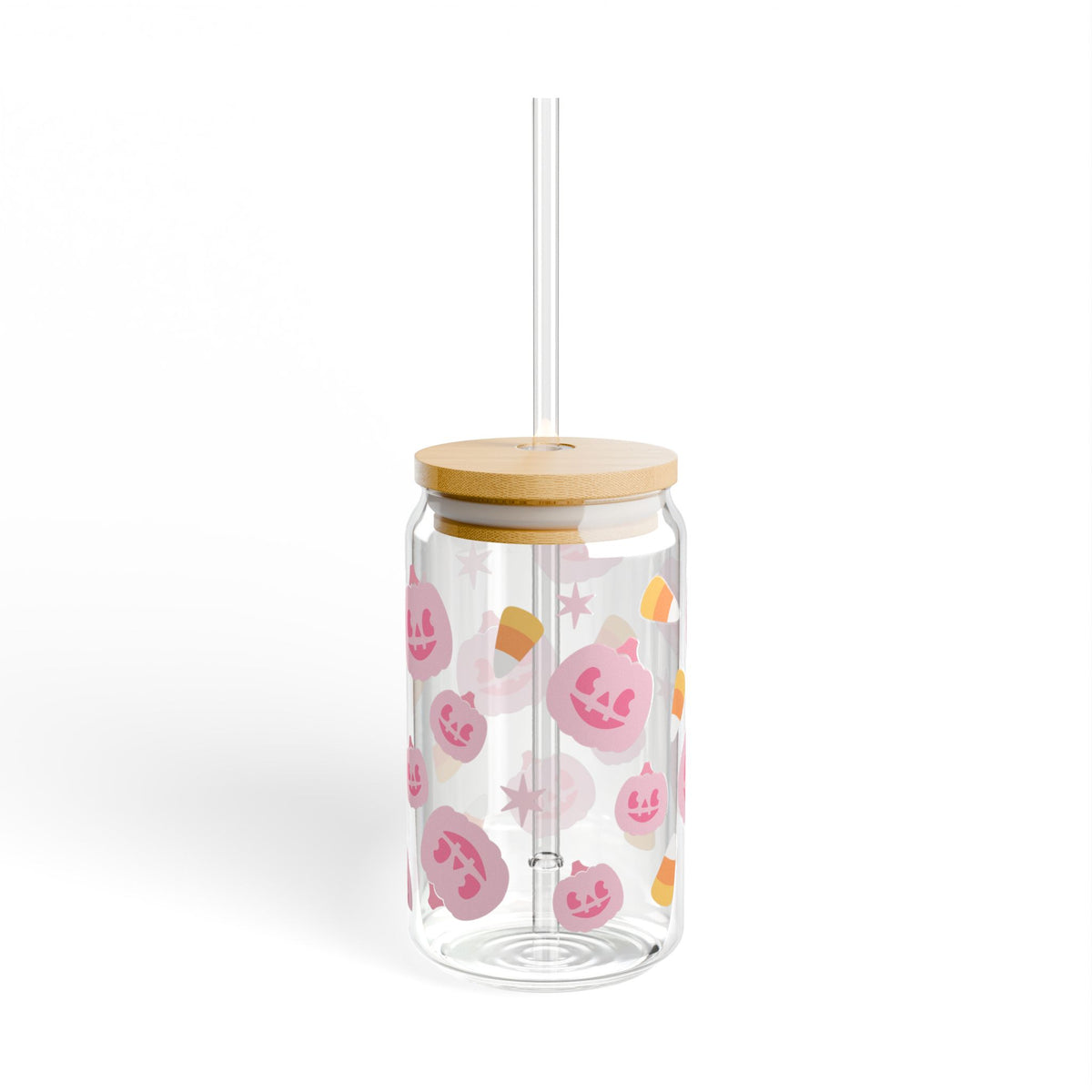 Pink Pumpkin & Candy Corn Halloween Sipper Glass 16oz Reusable Drink Jar with Lid & Straw