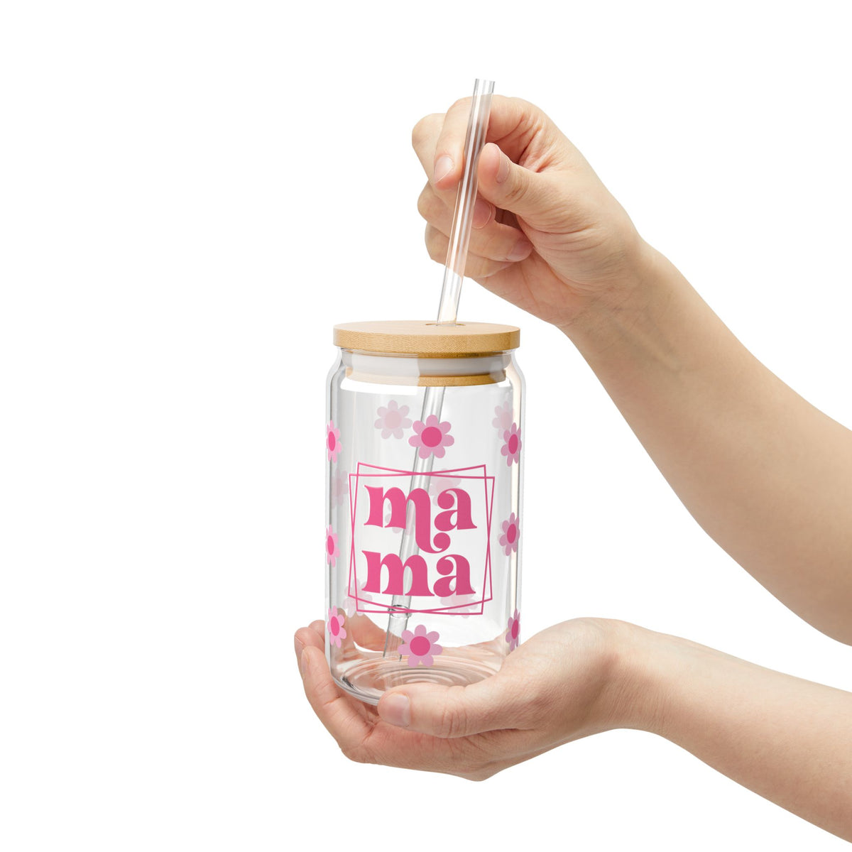 Mama Pink Flower Tumbler Sipper Glass 16oz — Reusable Drink Jar with Lid & Straw