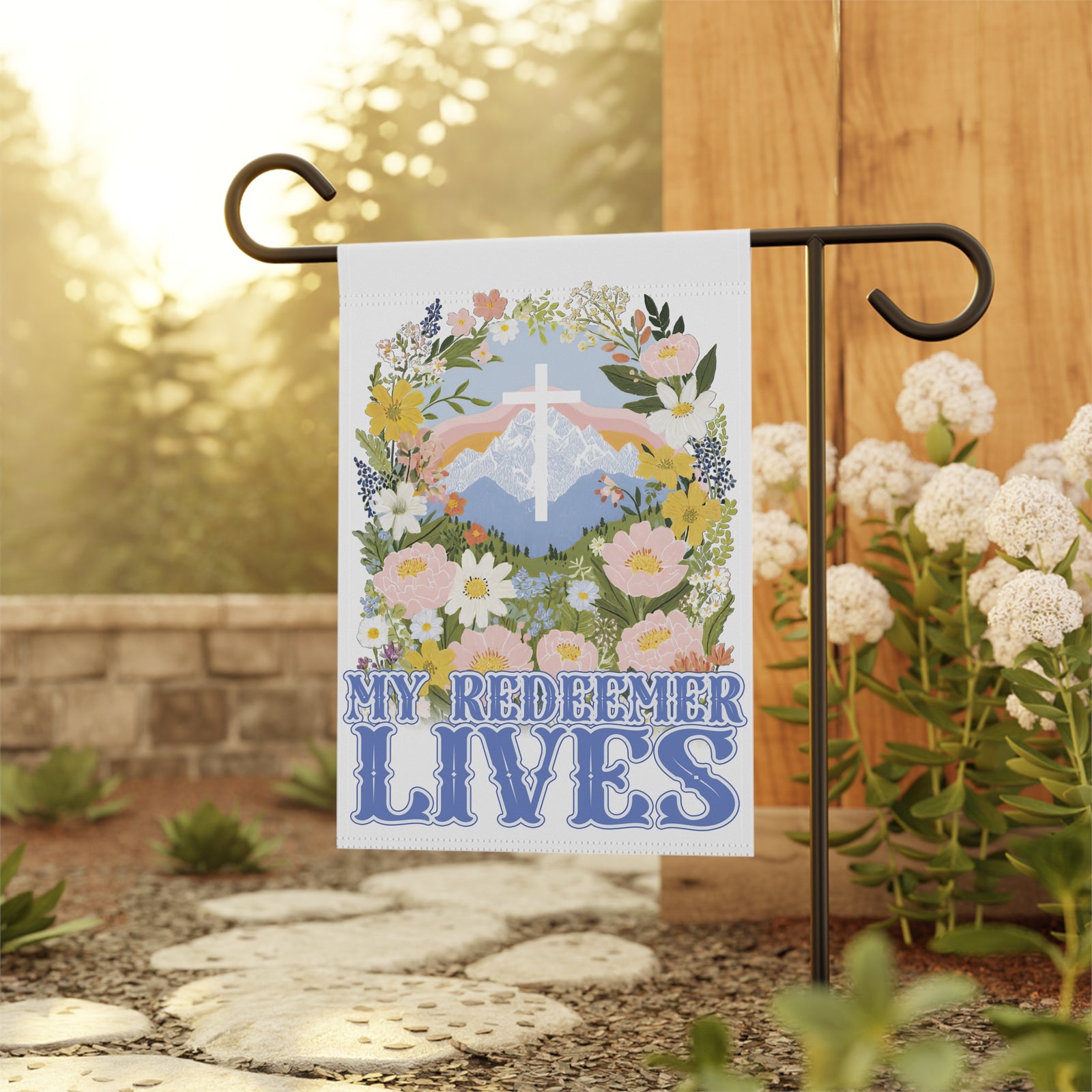My Redeemer Lives Garden Flag Floral Cross Yard Banner