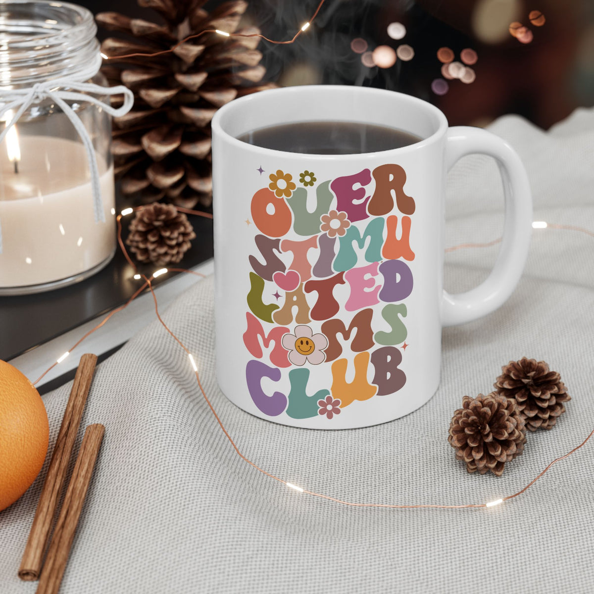Overstimulated Moms Club Retro Rainbow Cute Ceramic Mug Coffee Cup (11oz & 15oz)