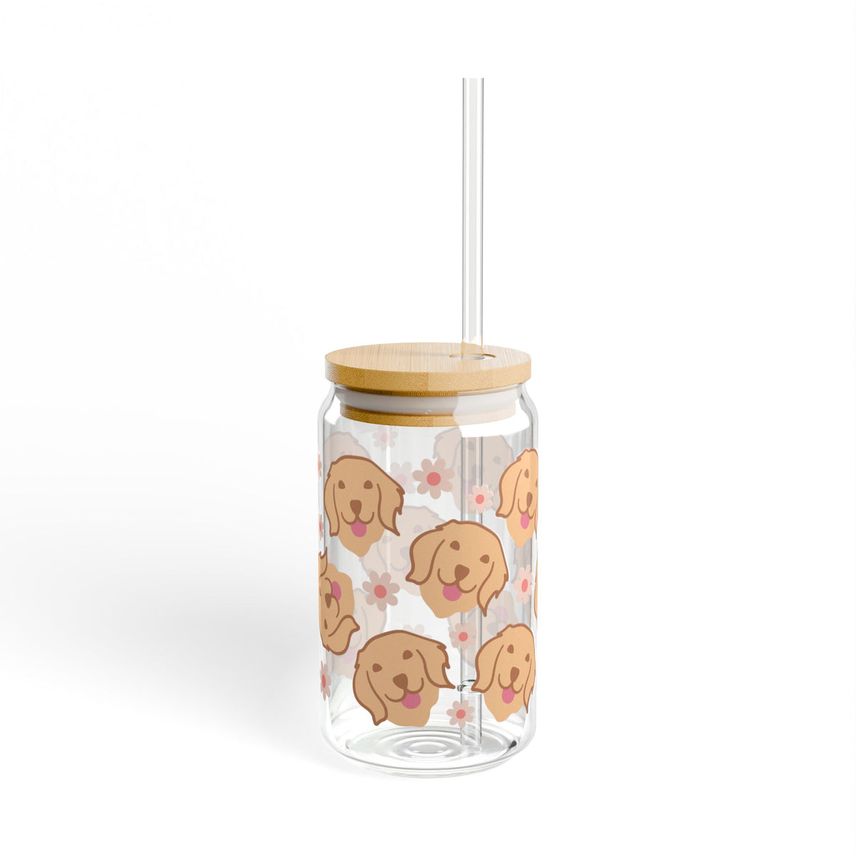 Cute Golden Retriever Sipper Glass 16oz — Reusable Drink Jar with Lid & Straw