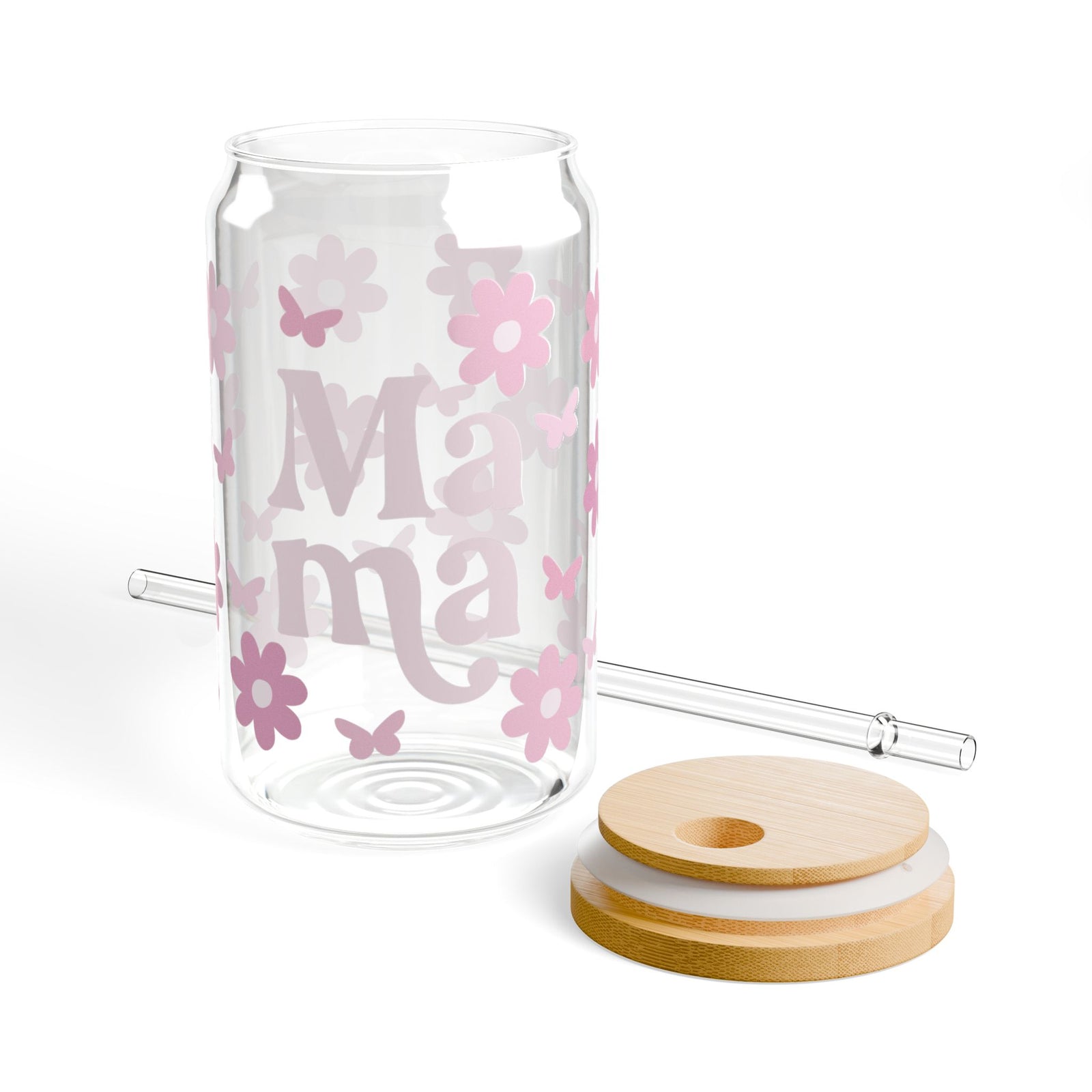 Mama Flower & Butterfly Tumbler Sipper Glass 16oz — Reusable Drink Jar with Lid & Straw