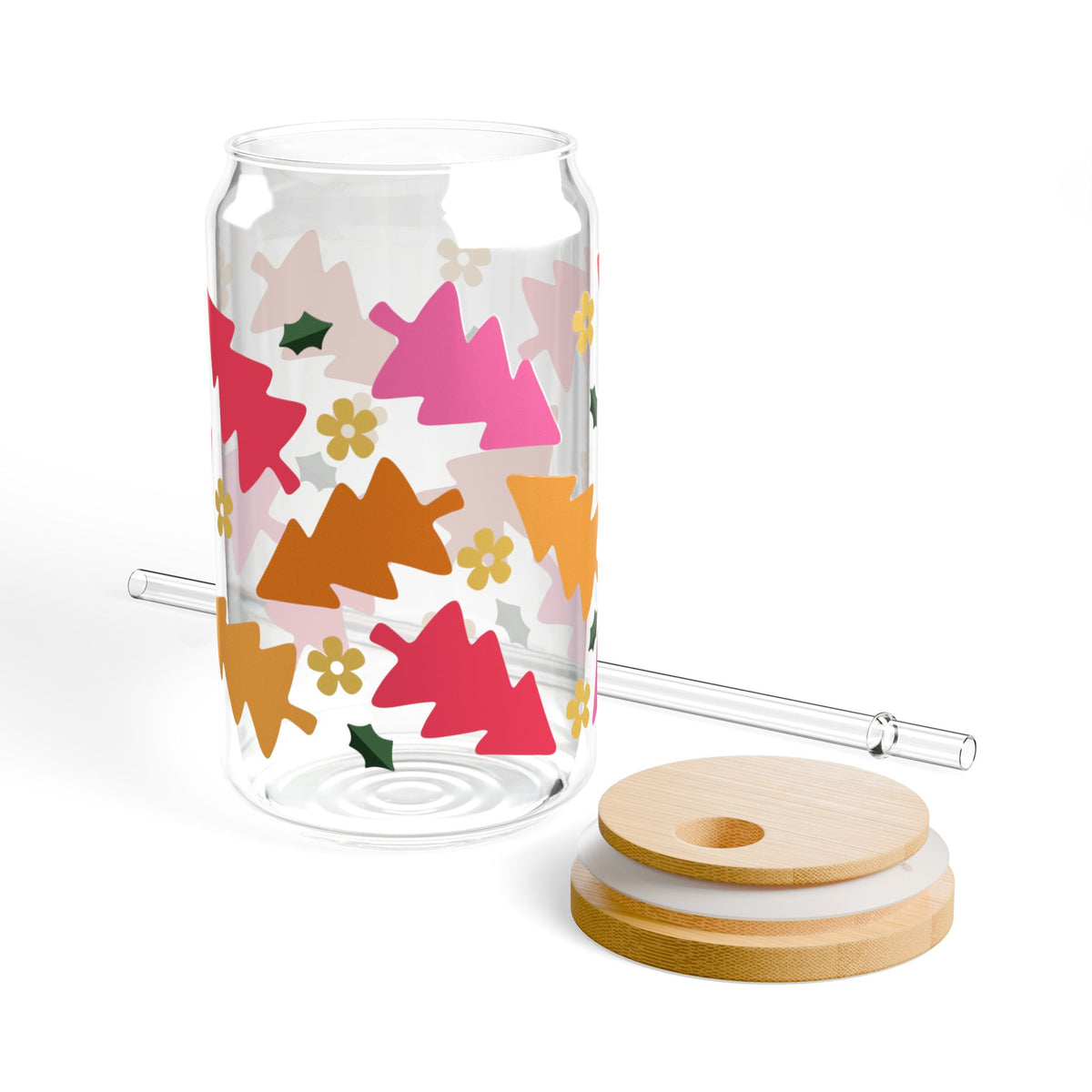 Groovy Christmas Holiday Sipper Glass 16oz Reusable Drink Jar with Lid & Straw