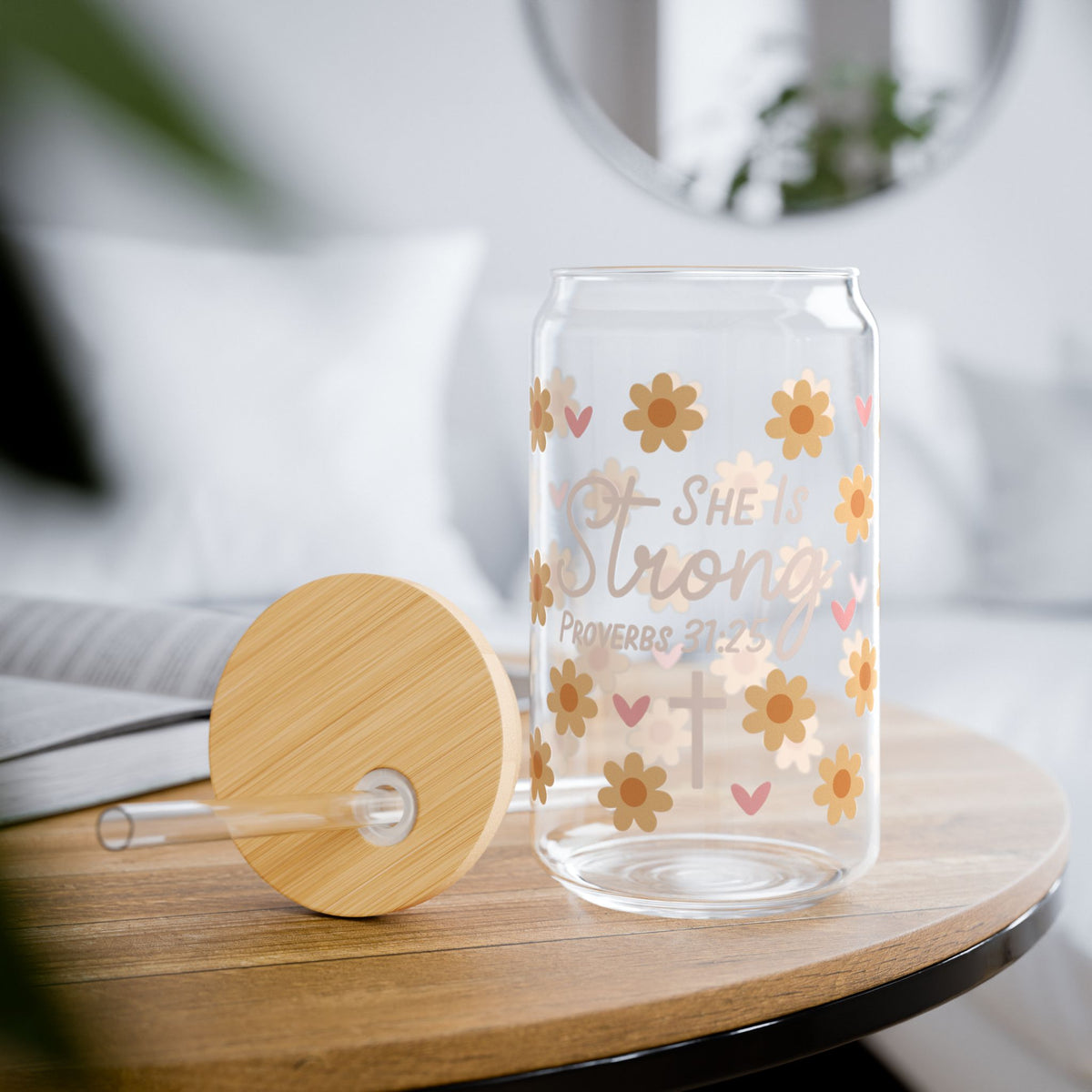 She Is Strong 16 Yellow Floral Proverbs 31:25 Christian Tumbler Sipper Glass 16oz — Reusable Drink Jar with Lid & Straw