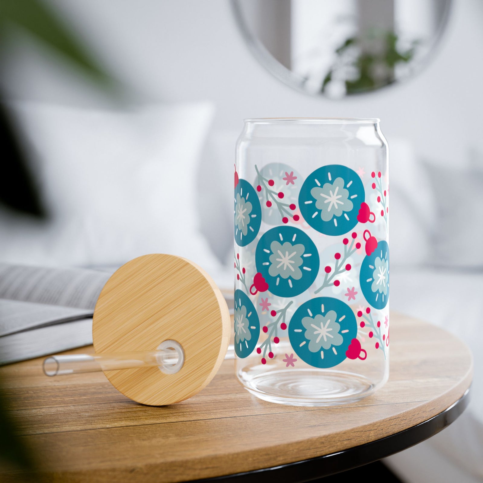 Opulent Ornaments Christmas Sipper Glass 16oz Reusable Drink Jar with Lid & Straw