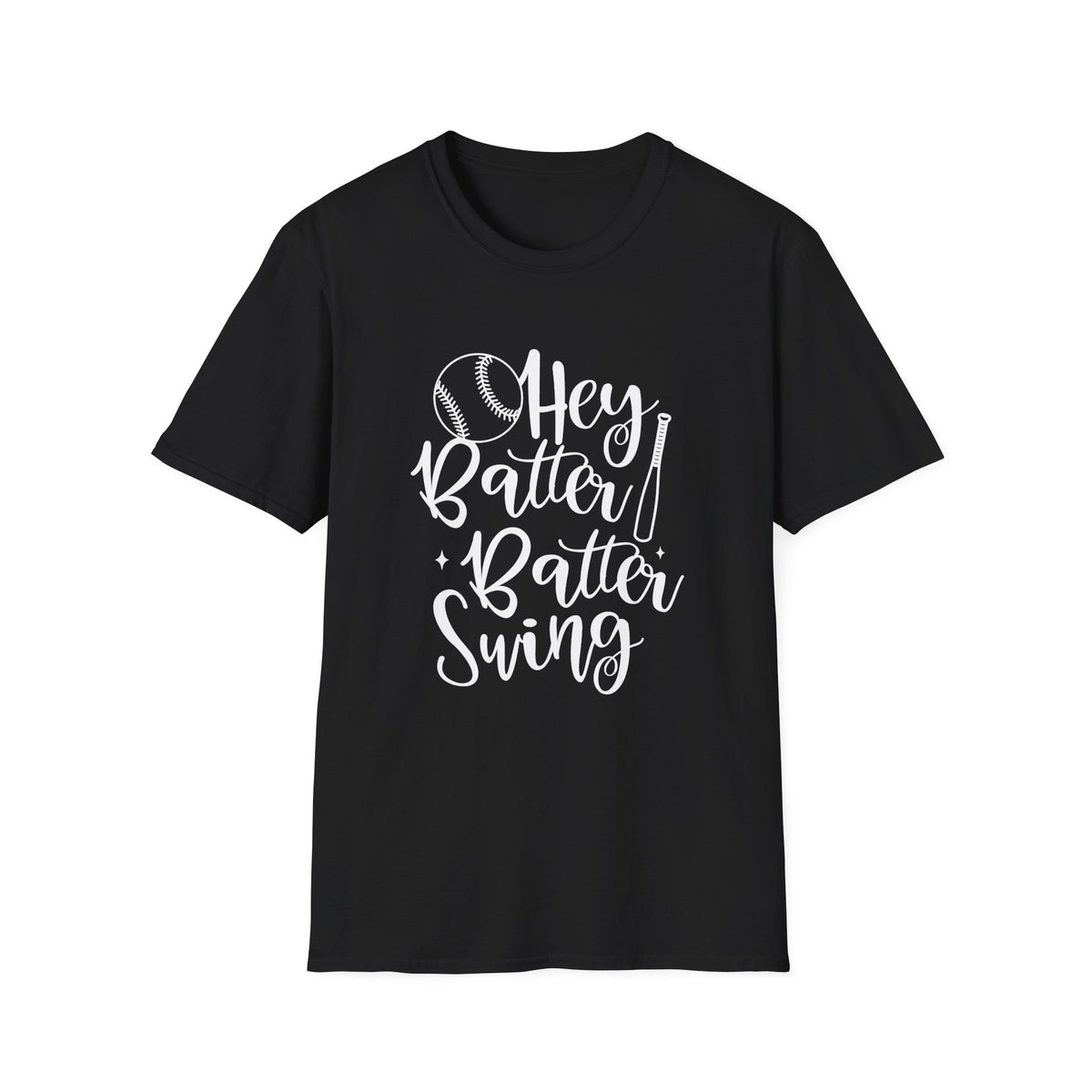 Hey Batter Batter Swing Baseball Graphic T-Shirt Cute Sports Mom Tee (12 Team Colors)