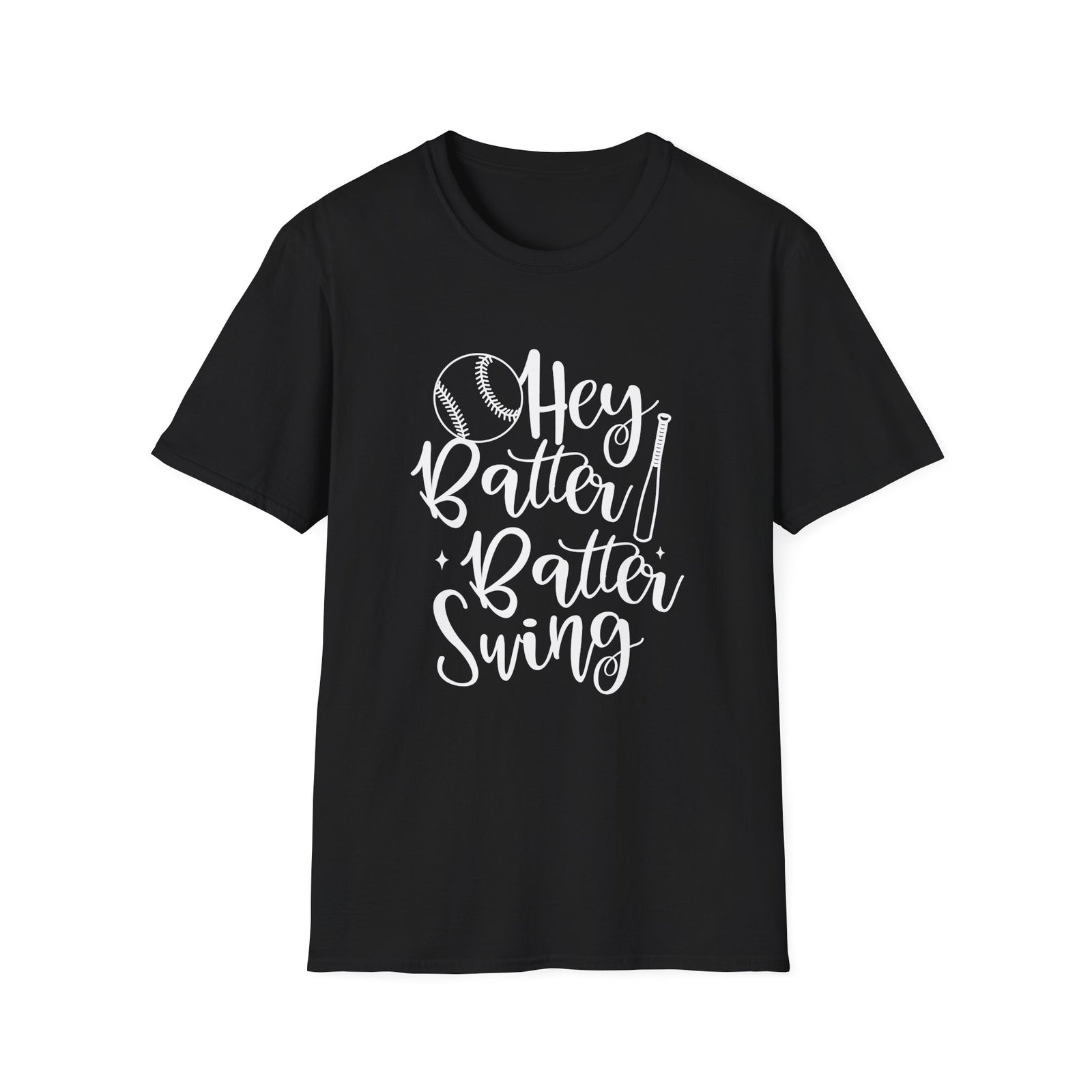 Hey Batter Batter Swing Baseball Graphic T-Shirt Cute Sports Mom Tee (12 Team Colors)