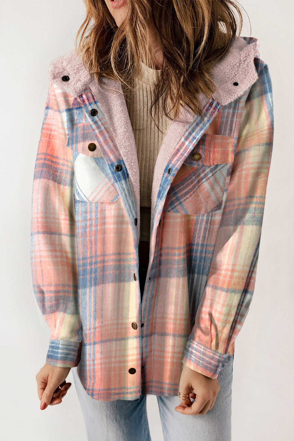 Plaid Snap Down Hooded Jacket - Sydney So Sweet