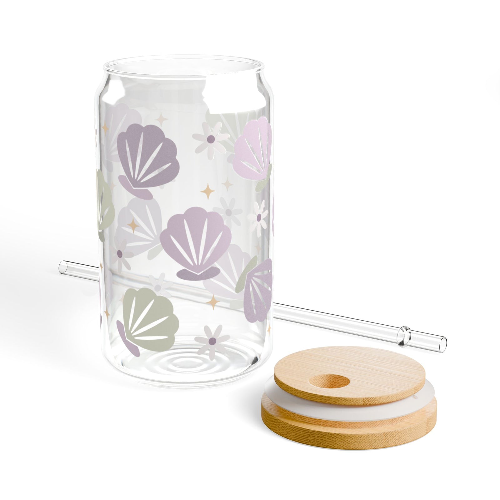 Floral & Seashell Lavender Sipper Glass 16oz — Reusable Drink Jar with Lid & Straw