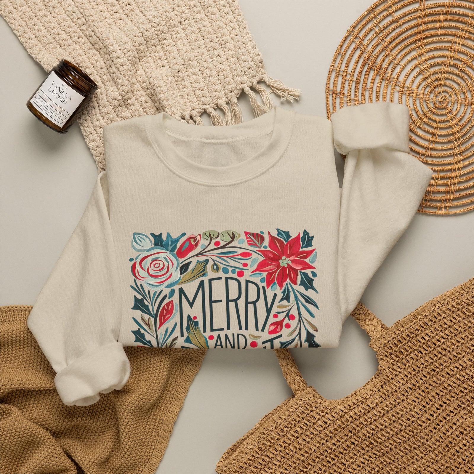 Merry & Bright Christmas Florals Crewneck Unisex Sweatshirt