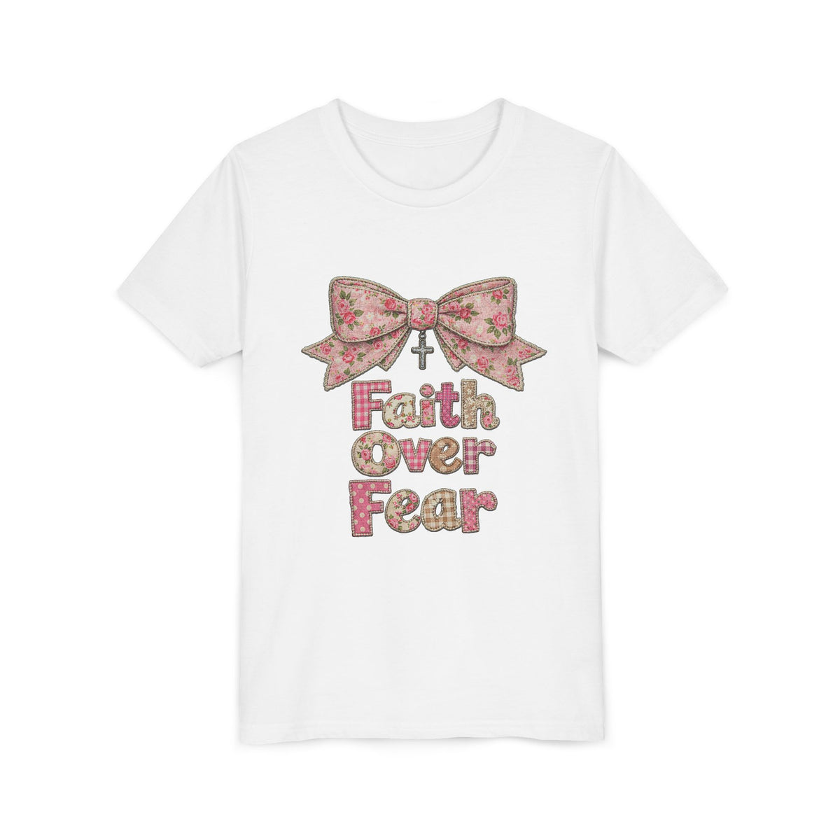 Faith Over Fear Coquette Bow Kids T-Shirt Cute Pink Christian Graphic Tee