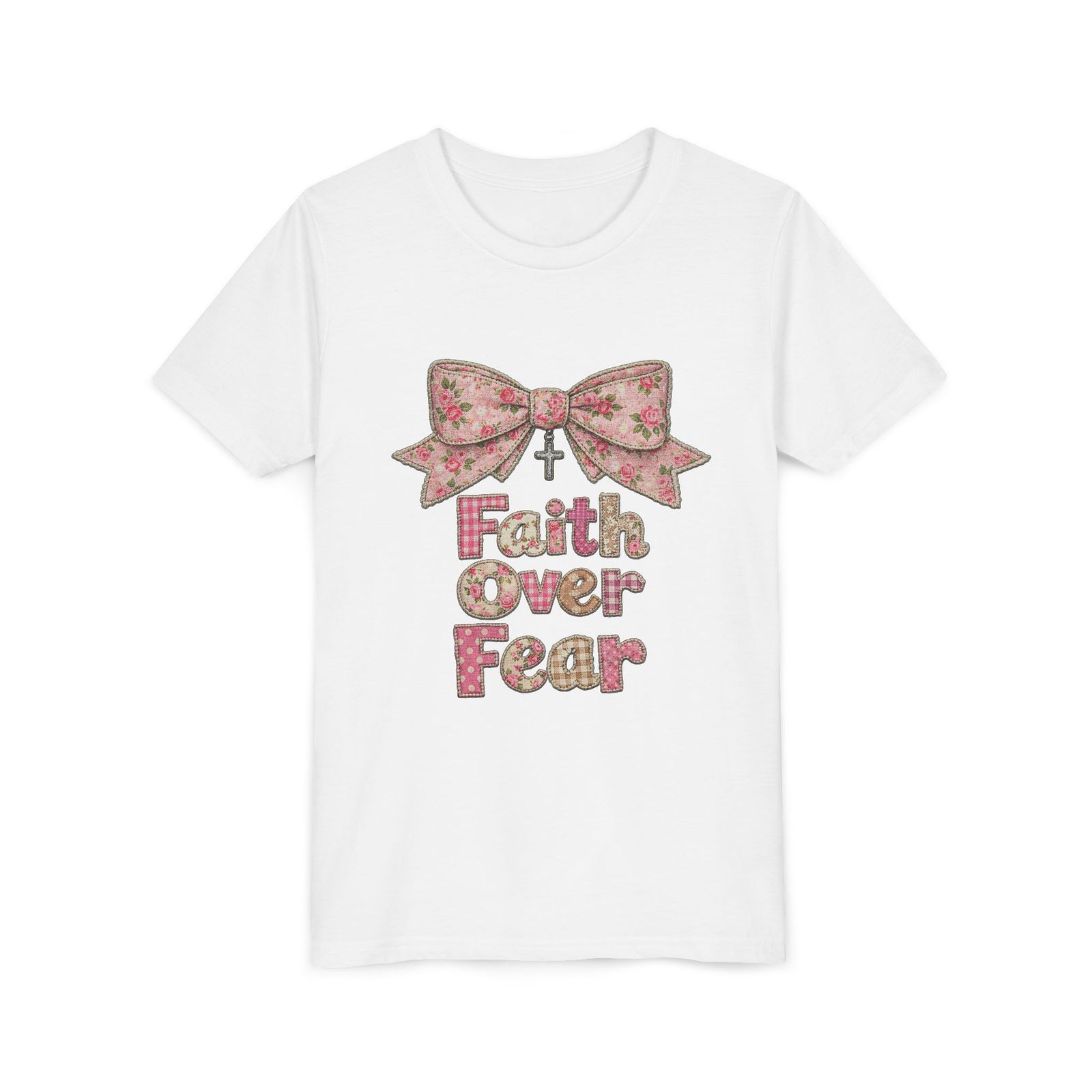 Faith Over Fear Coquette Bow Kids T-Shirt Cute Pink Christian Graphic Tee